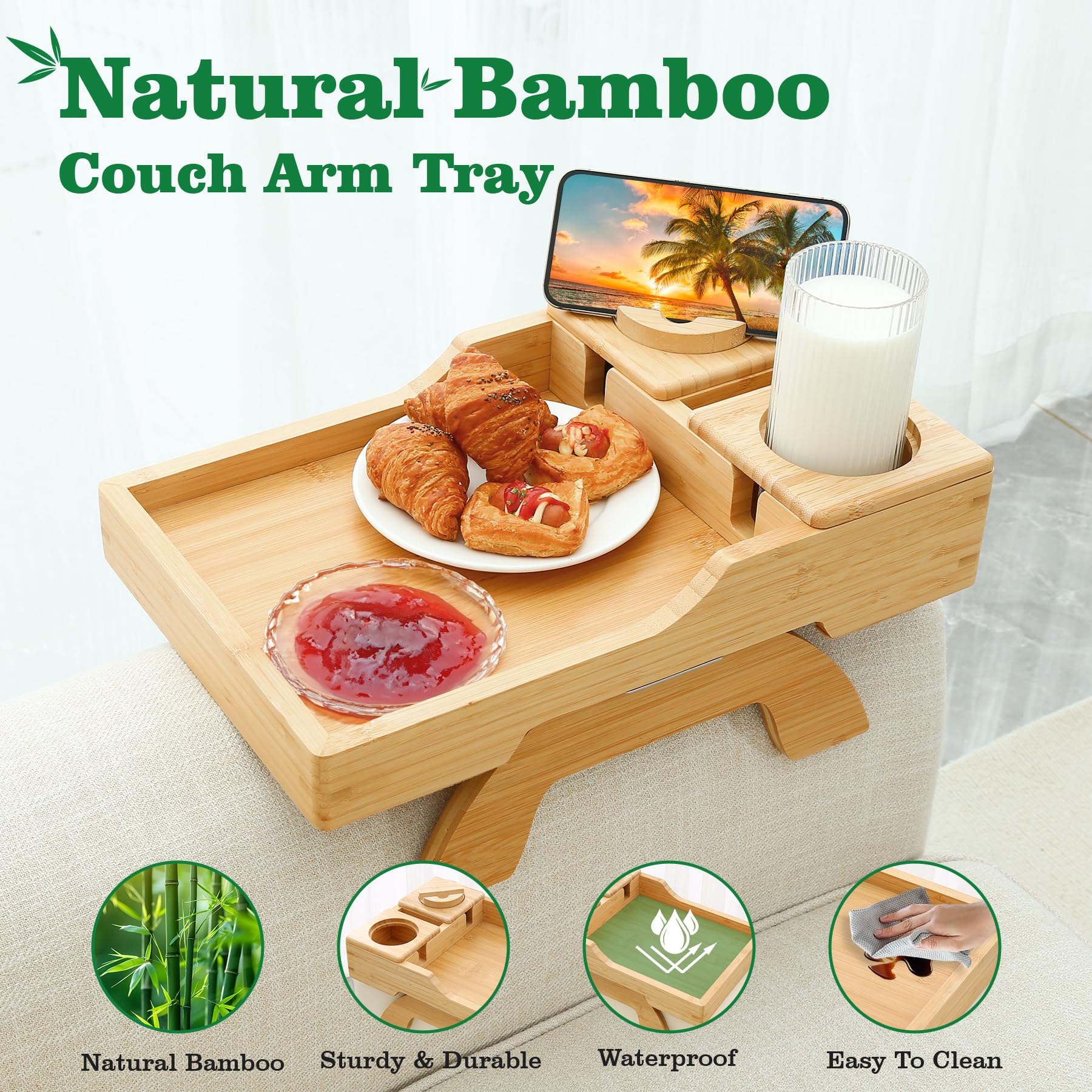 GHKINMAL Couch Cup Holder Tray, 15.4"x9.9" Large 4 in 1 Couch Arm Tray with 360°Rotated Phone Holder, Non-Slip Clip on Side Table for Drinks/Remote/Snacks, Ideal Gift for Husband, Wife, Parents