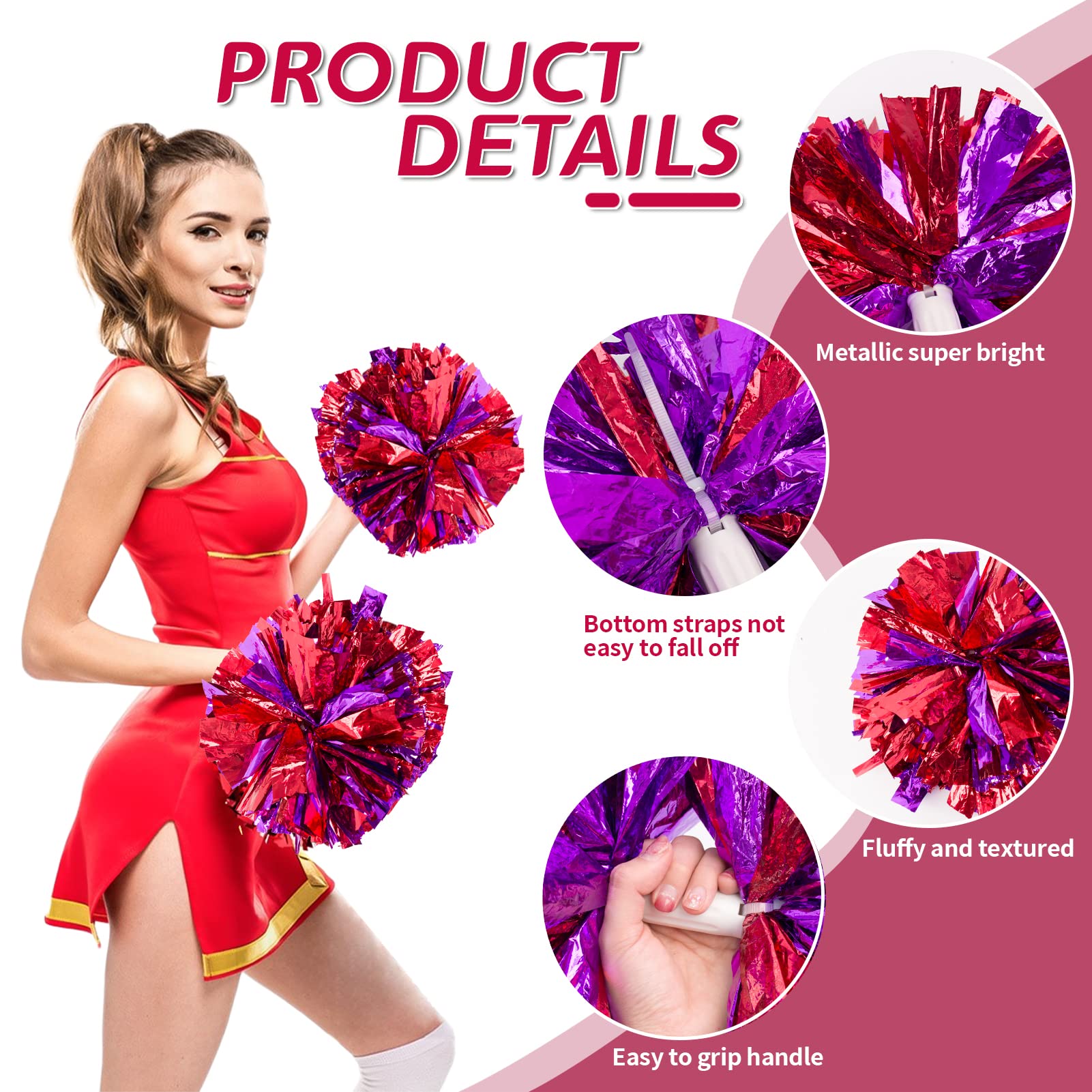 4Pcs Metallic Cheerleading Pom Poms, Creatiee 2 Pair Cheerleader Cheering Squad Pompoms for School Sports Dance Games Team Spirit Cheer