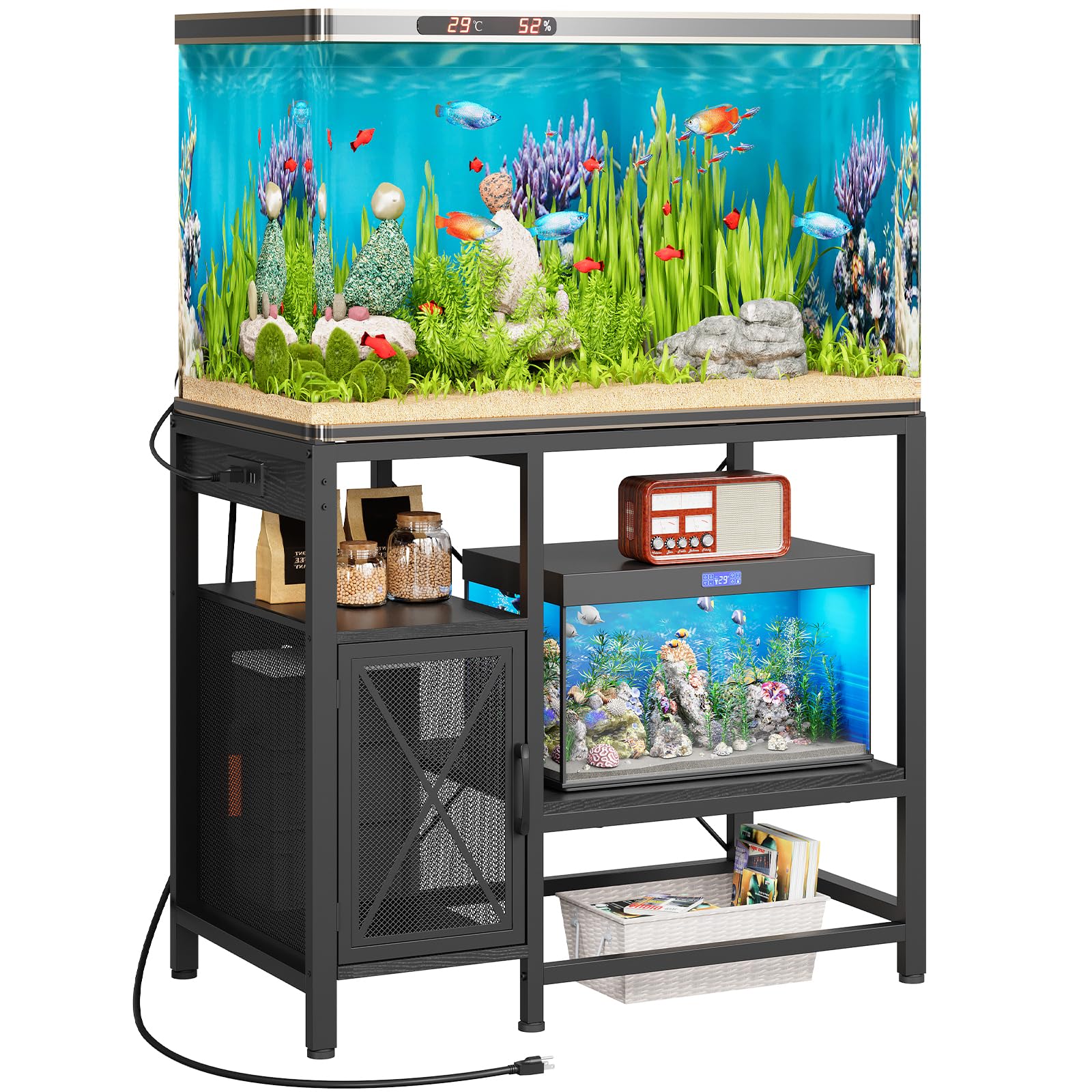 MAHANCRIS 20-37 Gallon Fish Tank Stand, Aquarium Stand with Power Outlet and Storage Cabinet, Heavy Duty Tank Stand Suitable for Turtle Tank, Reptile Terrarium, for Home Office, Black FTHB40E01