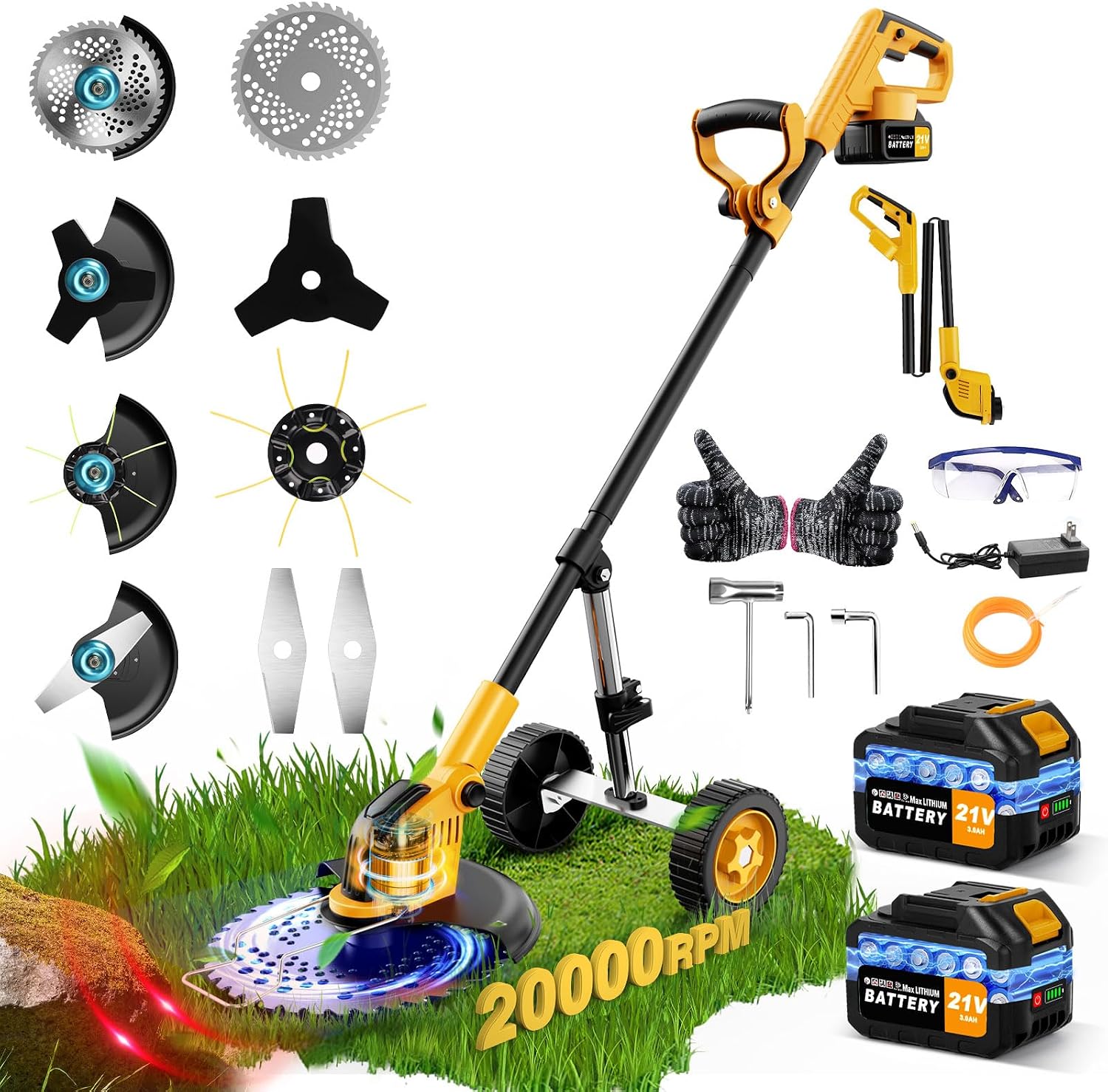 Cordless Weed Eater Battery Powered 6000mAh, 4-in-1 Brush Cutter Heavy Duty/Weed Trimmer/Lawn Mower Edger W/Wheel Metal Blade, 2 Battery Garden Yard Tool