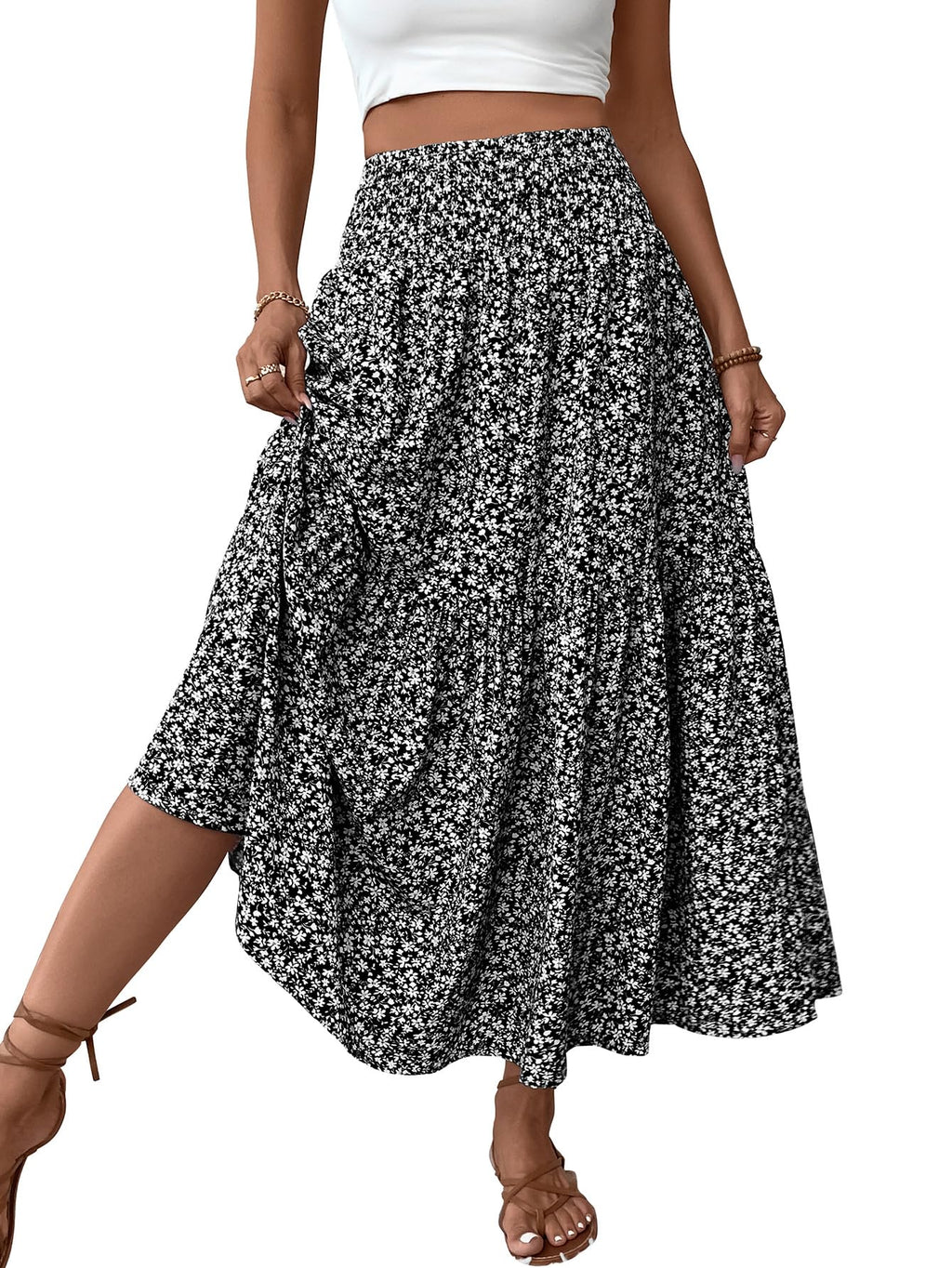 Women's Smocked High Waist Maxi Skirt Casual Boho Long Skirts with Pockets