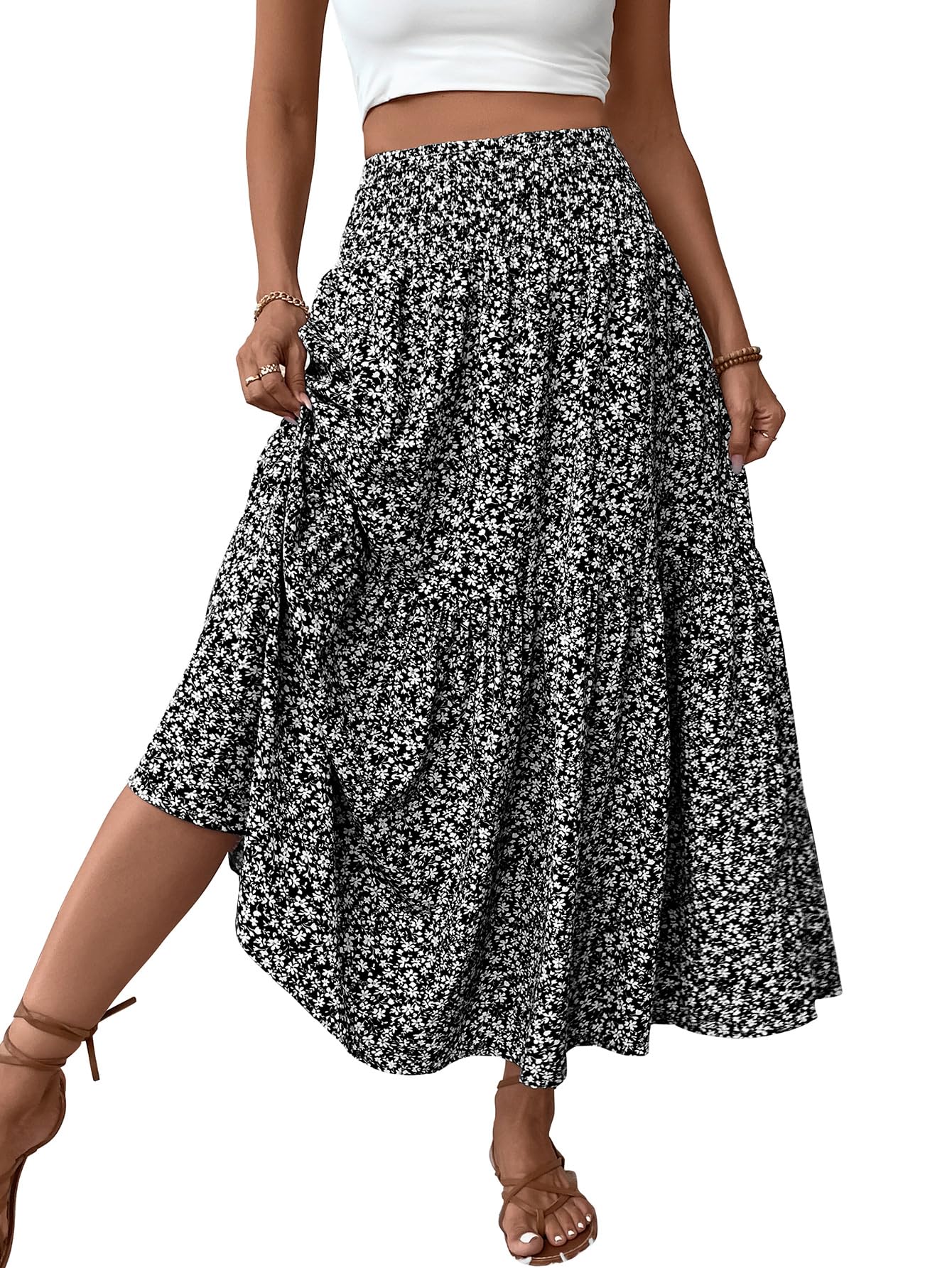 Women's Smocked High Waist Maxi Skirt Casual Boho Long Skirts with Pockets
