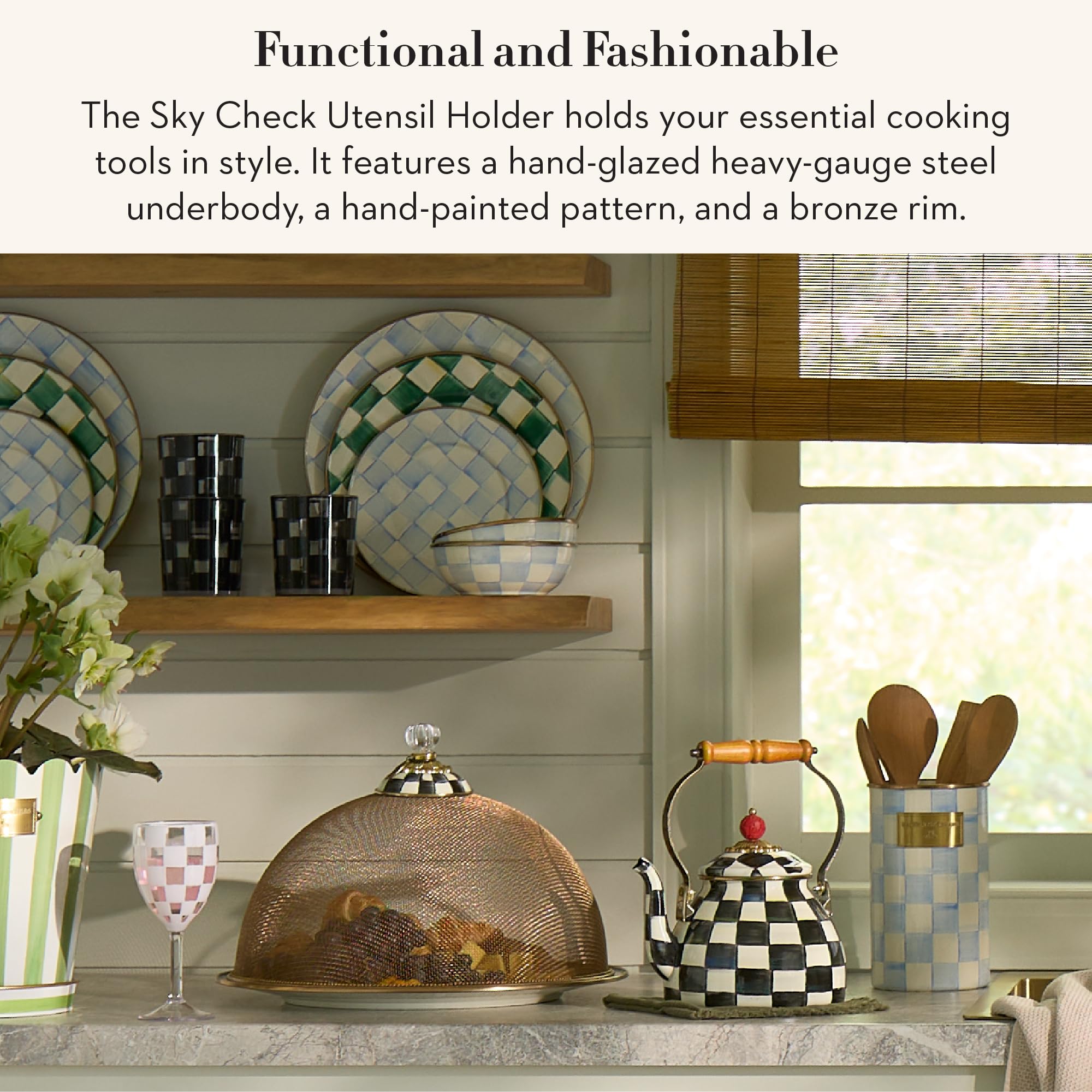 MACKENZIE-CHILDS Enamel Utensil Holder, Stylish Kitchen Countertop Organizer, Wild Rose Brown