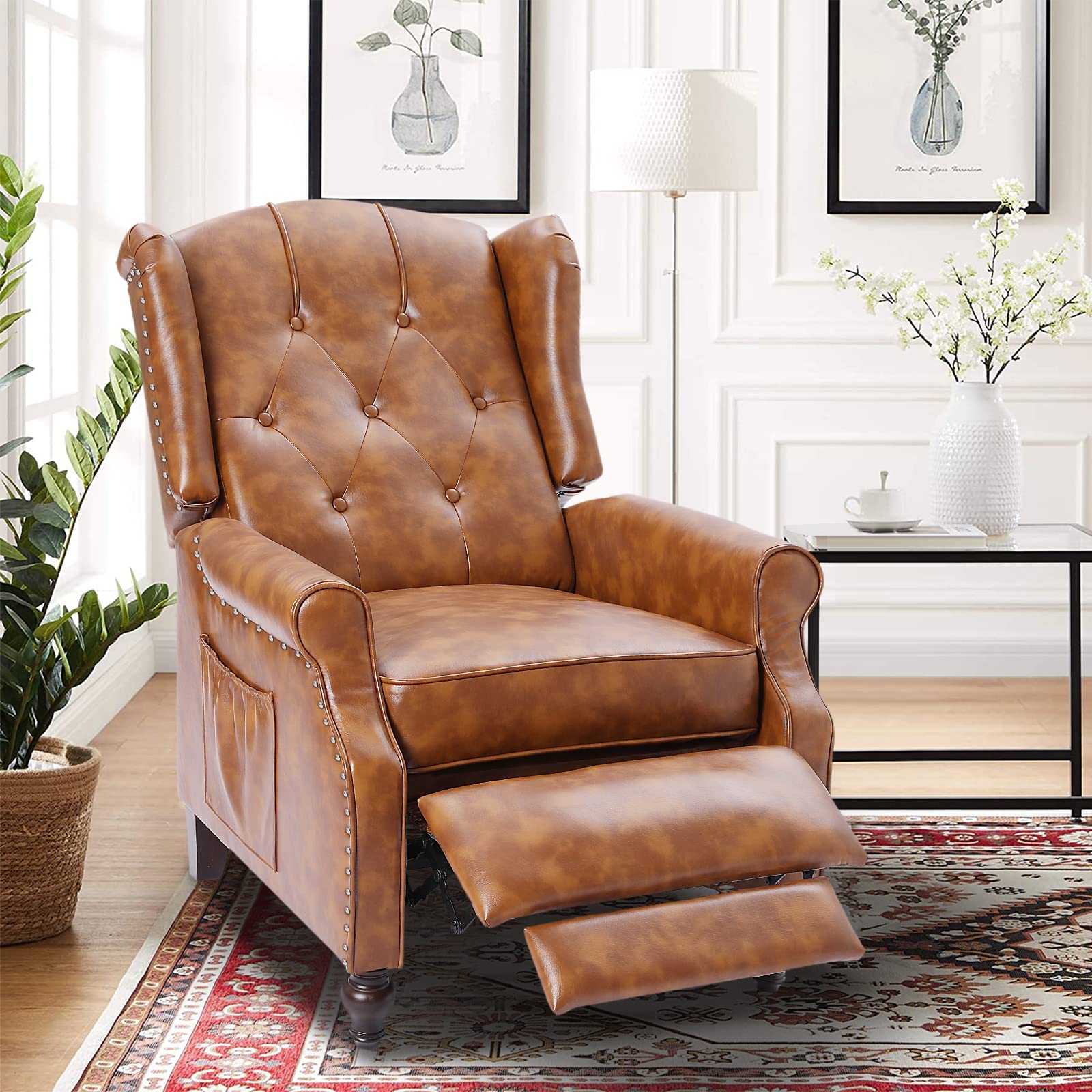 Wingback Chair with Massage and Heat, Tufted Fabric Pushback Recliner Chair, Wingback Recliner Chair with Remote Control, Padded Cushion, Wooden Legs, Small Recliners for Small Spaces