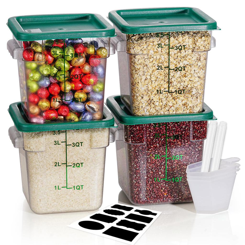 4QT NSF Food Storage Containers: 8 PCS [Food Grade][Hot&Cold Resistant] Commercial Clear Food Storage Containers with Lids for Restaurant Kitchen Proof Dough, Measuring Spoons Included(BPA FREE)