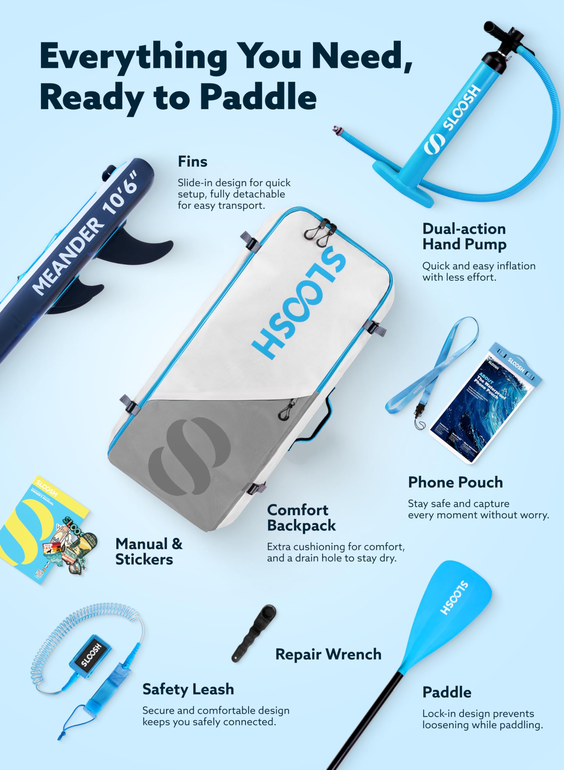 SLOOSH Inflatable Stand Up Paddle Board, 10'6" Inflatable Paddle Boards with Premium Accessories, Non-Slip EVA Deck, Ultra-Light Carry Bag Pump, Meander SUP for Youth & Adults