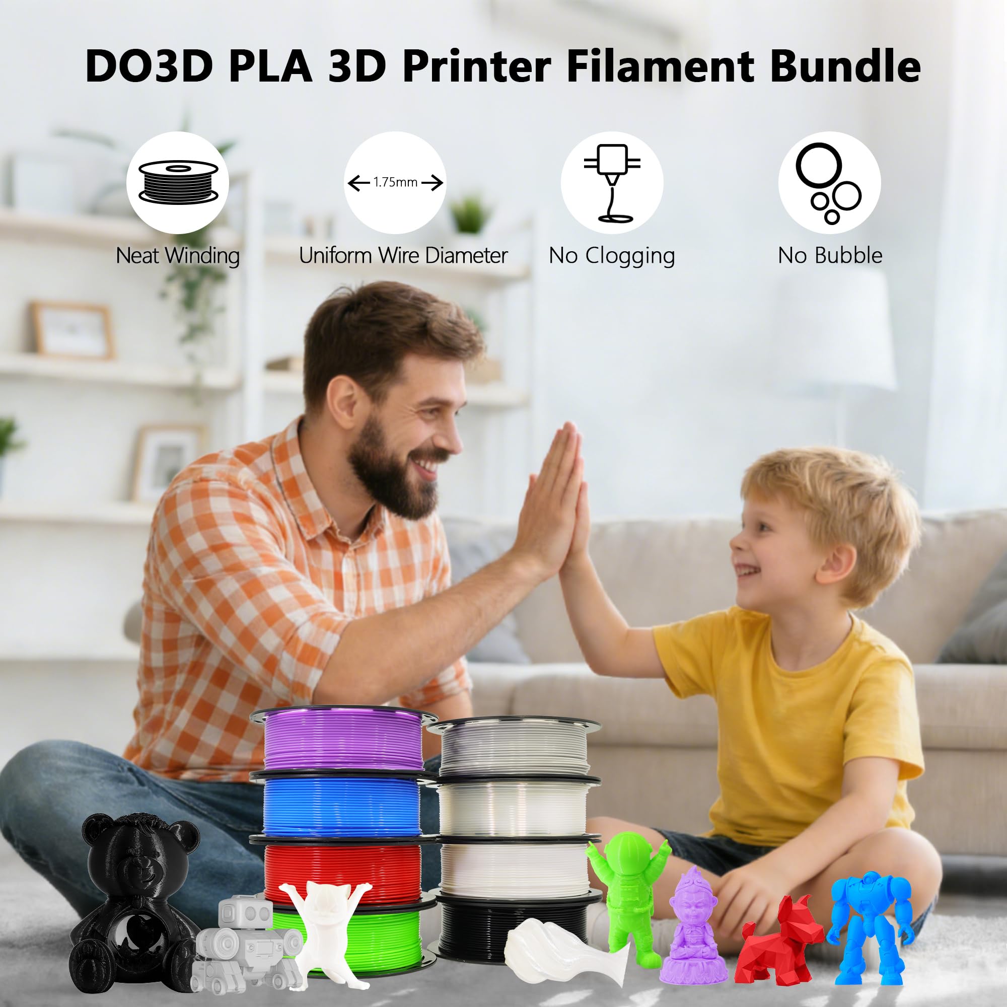 1.75mm PLA 3D Printer Filament Bundle: Glow in Dark Green/Blue/Purple/Rainbow, One Spool Clear Multi Colored, Each Spool 250g, Total 1.25Kg 3D Printing Material, 250g x 5 Spools Glow in Dark PLA
