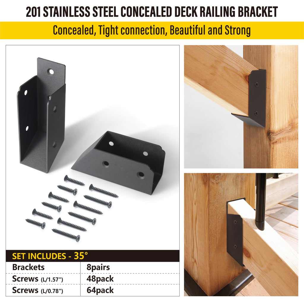 AECXM 201 Stainless Steel 2" x 4" (1 ½" x 3 ½" Actual) Deck Railing 27.5° Stair Connectors, for Deck Railing Stair Handrail Connection Installation Deck Railing Bracket (4 Pair-Black)