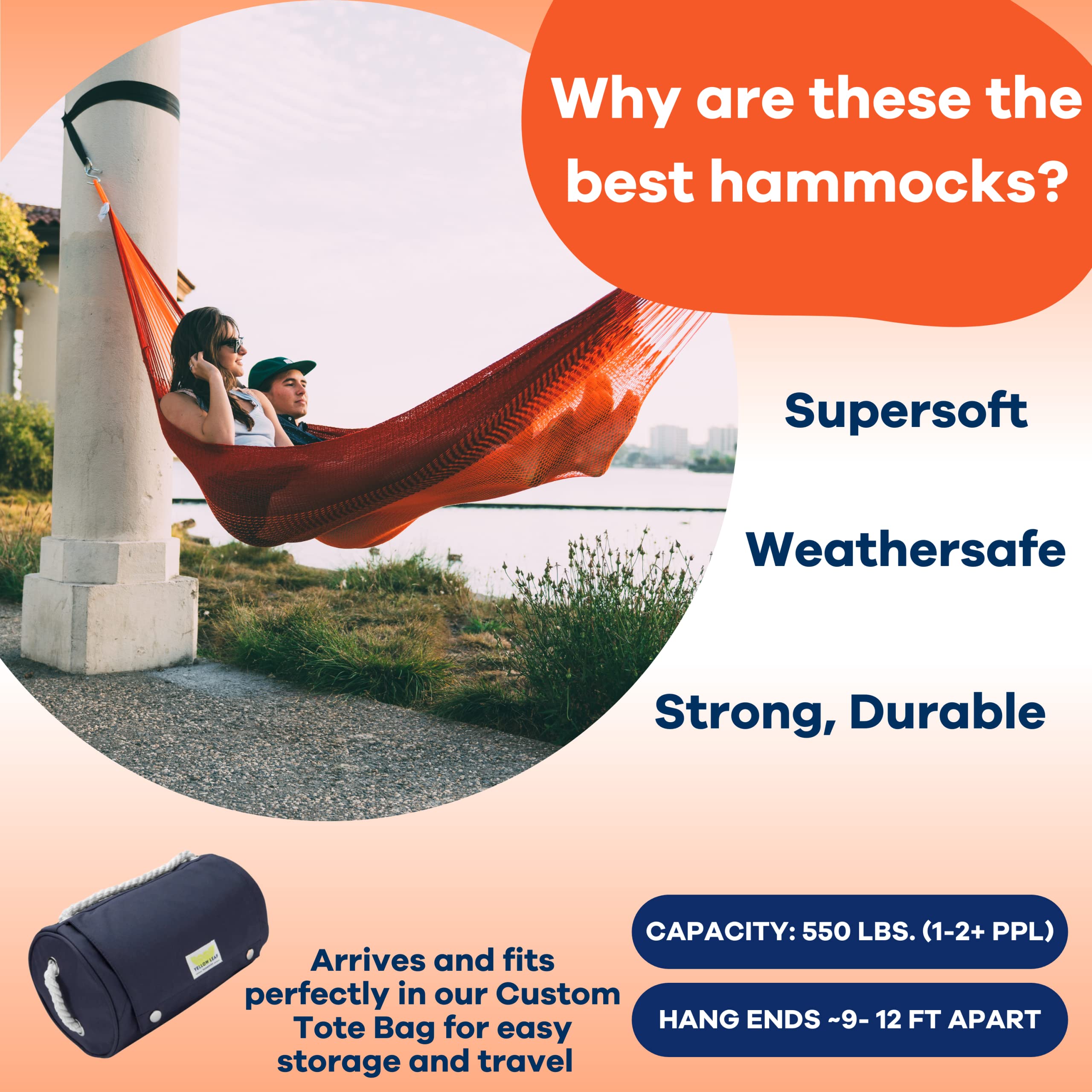 Handwoven Hammock by Yellow Leaf Hammocks - Double Size, Fits 1-2 PPL, 400lb max - Weathersafe, Super Strong, Easy to Hang, Ultra Soft, Artisan Made - Color: Natural Khaki