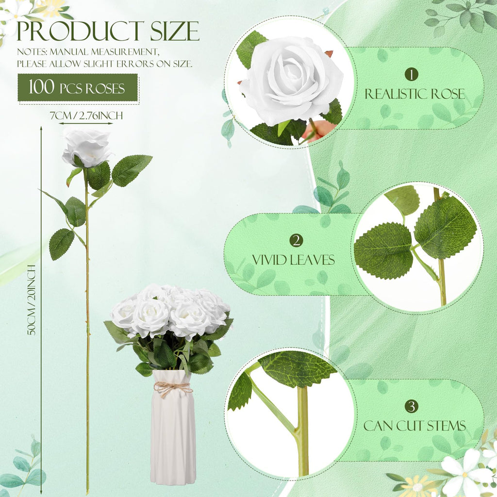 Jexine 100 Pieces Artificial Roses Flowers Bulk, Long Stem Realistic Fake Silk Roses Bouquet for Table Centerpiece Vases Wedding Party Kitchen Decor(Beige)