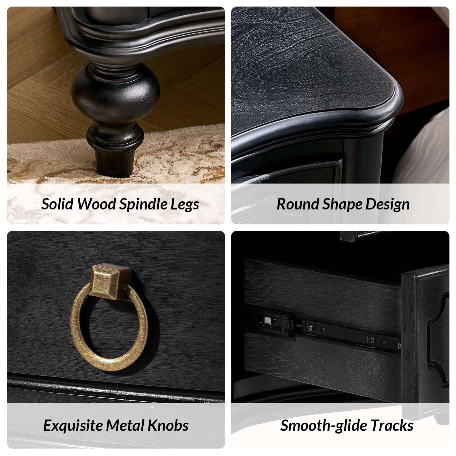 HULALA HOME Traditional Side Table with 3 Drawers, Tall Side Table with Curved Front Profle Desgin, Charging Station, Solid Wood Legs, Black