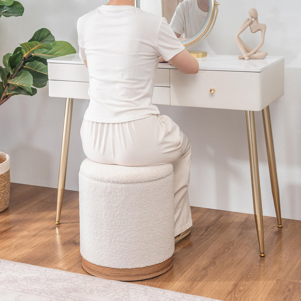 Joveco Boucle Round Ottoman with Storage,Vanity Stool with Storage for Bedroom, Ottoman Coffee Table,Small Boucle Foot Stool for Living Room, Black with Gold Plating
