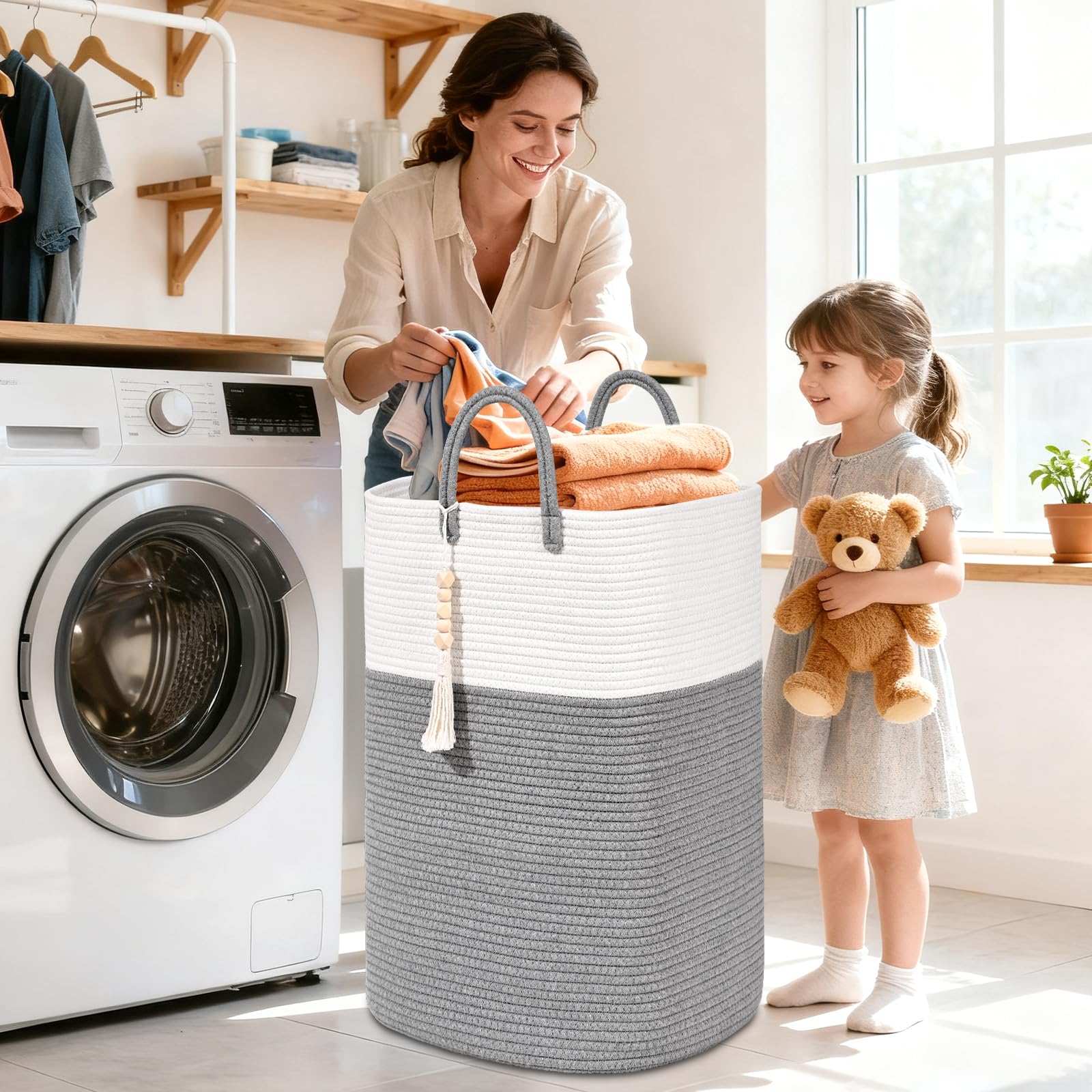 Woven Laundry Basket for Clothes, 50L Large Rectangle Laundry Hampers with Beads Tassel, Nursery Storage Basket for Toys, Tall Dirty Clothes Hamper for Bedroom Aesthetic, Laundry Room Organization