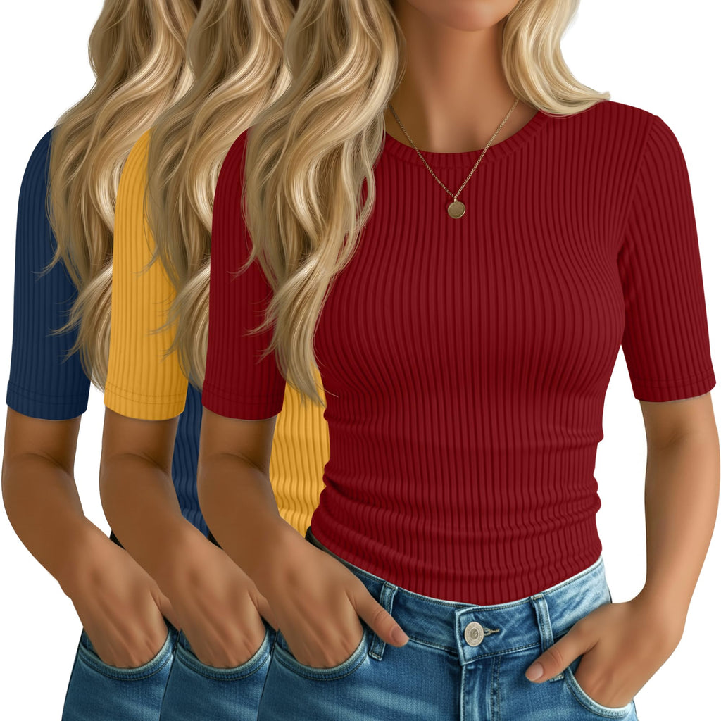 Riyiper 3 Pack Women's Elbow Length Tops, Half Sleeve Ribbed Cotton T Shirt Crew Neck Summer Tee Slim Fit Casual Blouses