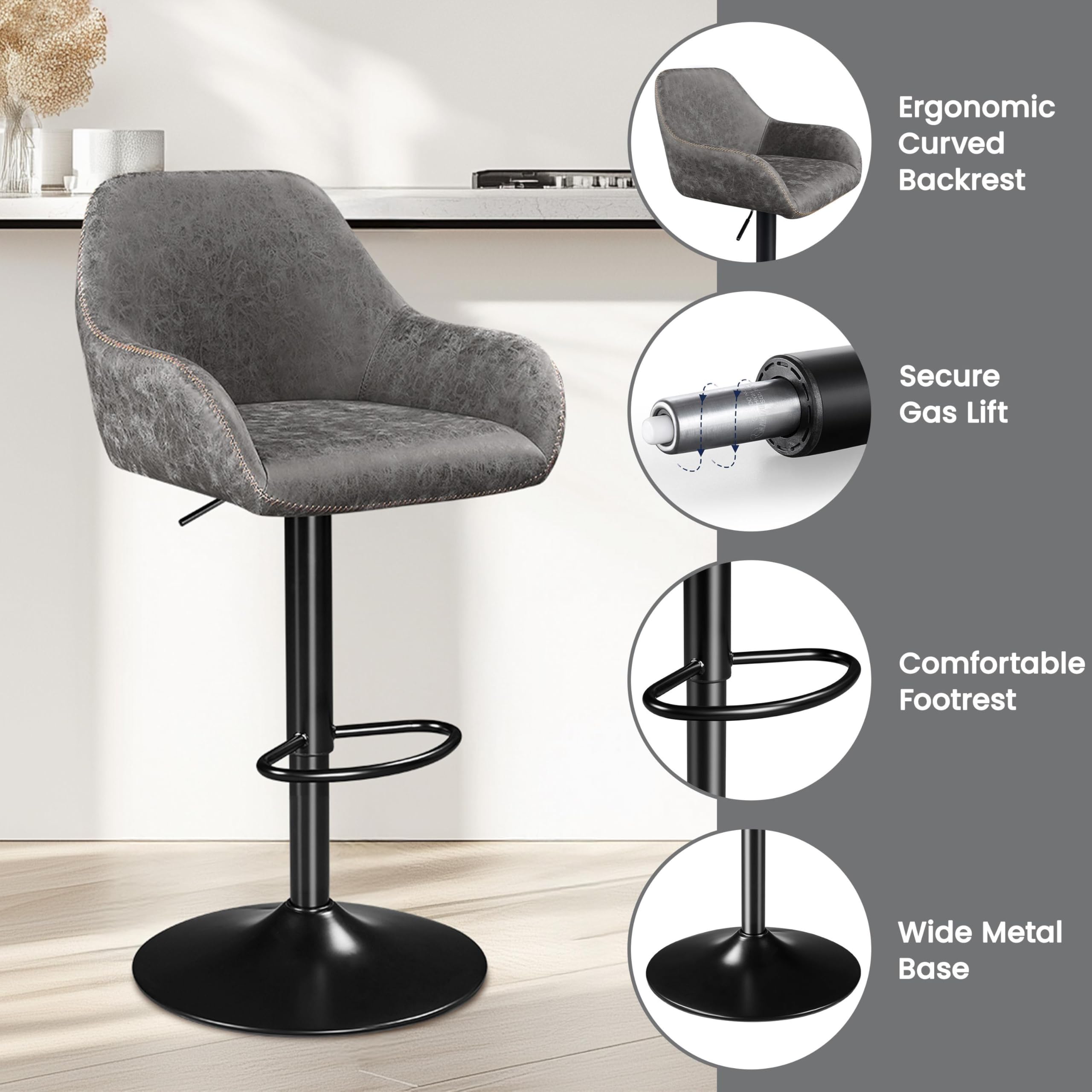 Yaheetech Bar Stools Set of 2, PU Leather Swivel Counter Height Barstools, Adjustable Bar Chairs with Backrest and Footrest, Kitchen Island Stool for Home Kitchen, Black