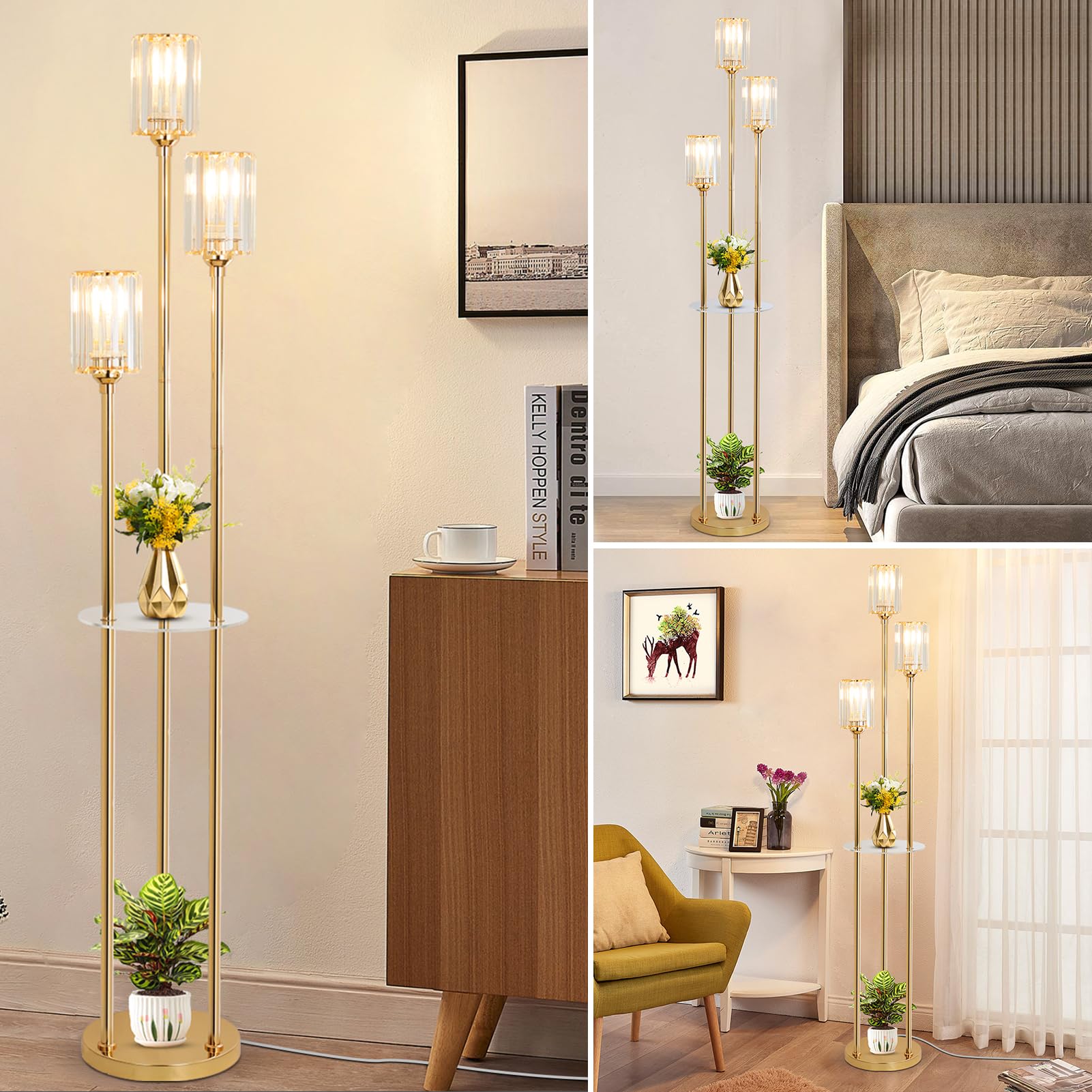 HMVPL Gold Floor Lamps for Living Room, Modern Floor Lamp with Shelves, Crystal Standing Lamps with Table, Brass Tall Lamp with Crystal Shade, On/Off Switch, Mid Century Corner Floor Lamp for Bedroom