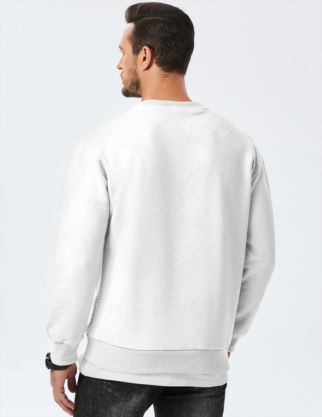 Dokotoo Men Men's Crewneck Sweatshirts Soild Color Geometric Texture Long Sleeve Casual Pullover Shirt
