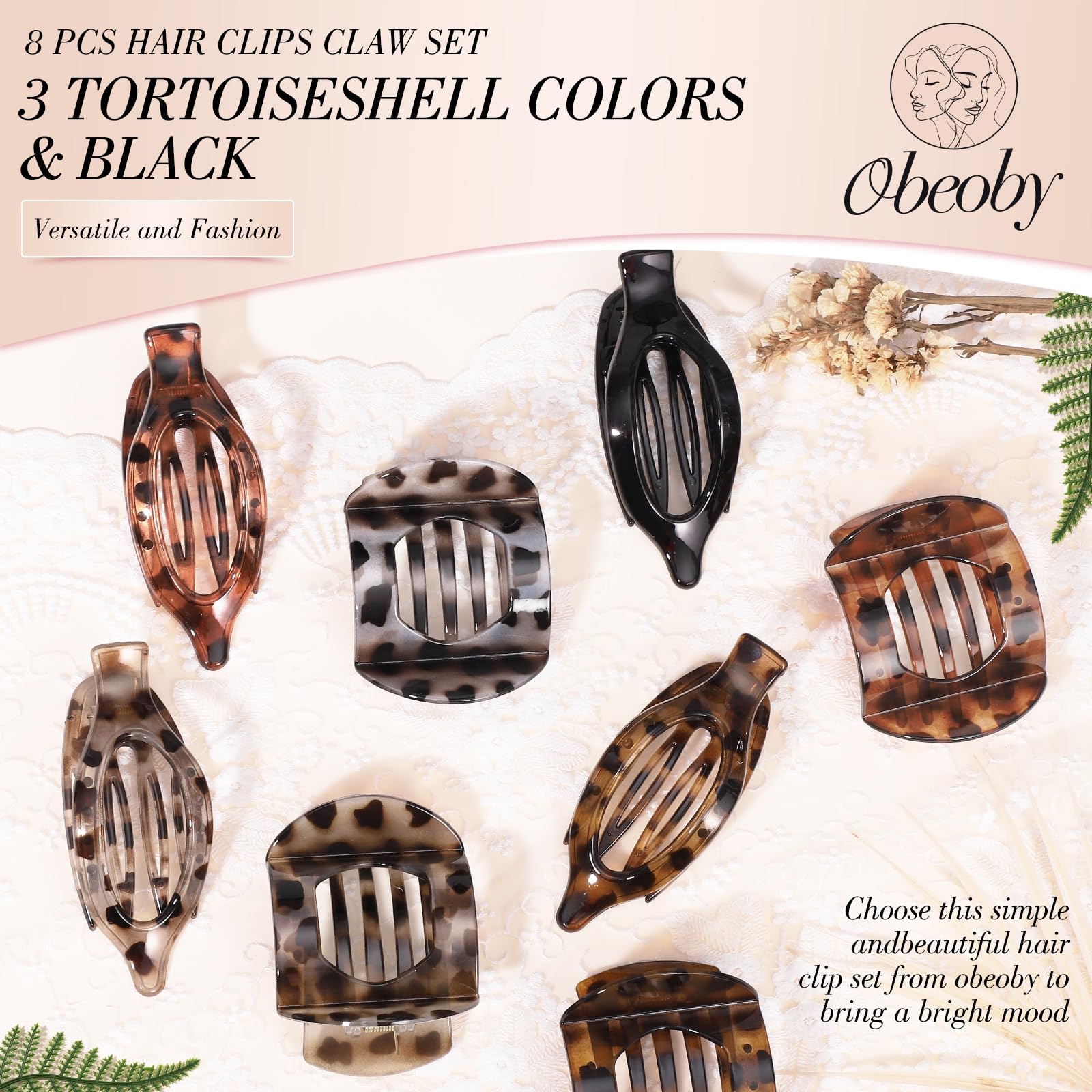 Obeoby 8 Pcs Flat Claw Clips for Women, Strong Hold French Flat Hair Clips for Thick Thin Hair Barrettes Accessories Round Large Medium (Tortoiseshell)