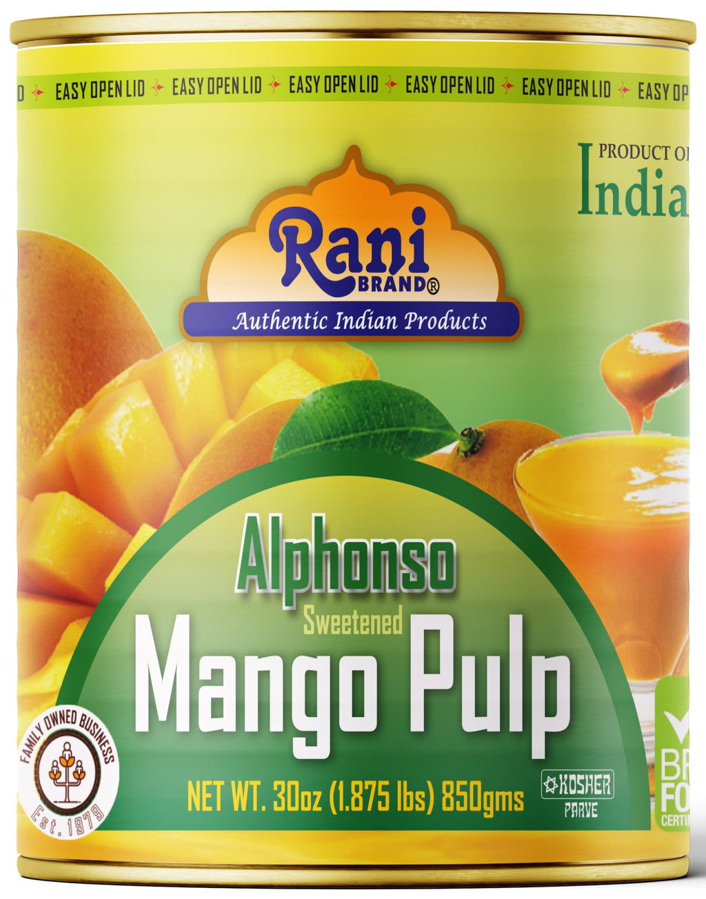 Rani Mango Pulp Puree (Makes Mango Lassi Shakes) Alphonso Sweetened 30oz (1.875lbs) 850g ~ Kosher | All Natural | NON-GMO | Vegan | No colors | Gluten Friendly | Indian Origin