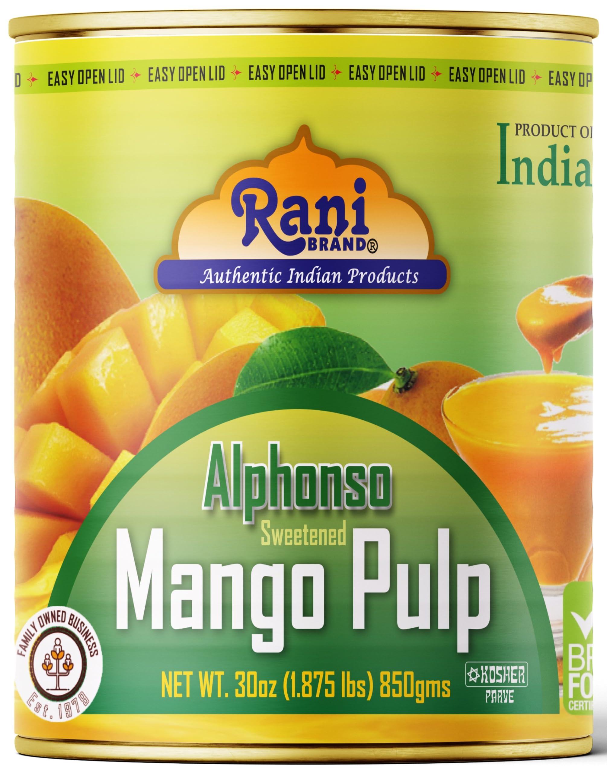 Rani Mango Pulp Puree (Makes Mango Lassi Shakes) Alphonso Sweetened 30oz (1.875lbs) 850g ~ Kosher | All Natural | NON-GMO | Vegan | No colors | Gluten Friendly | Indian Origin