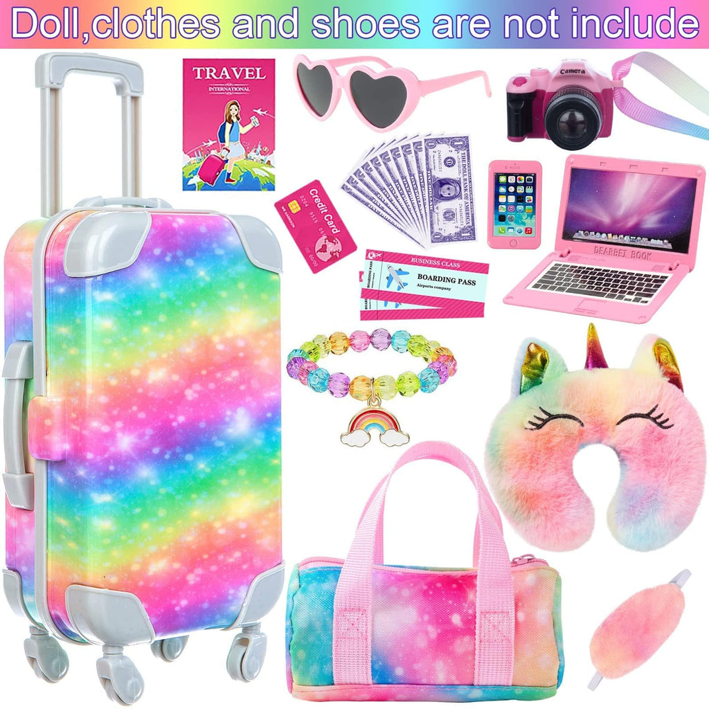 K.T. Fancy 18 Inch American Doll Clothes and Accessories, Doll Travel Suitcase Playset for Girls, Cute Travel Doll Clothes for 18 Inch Girl Doll(Not Include Doll & Shoes), Pink