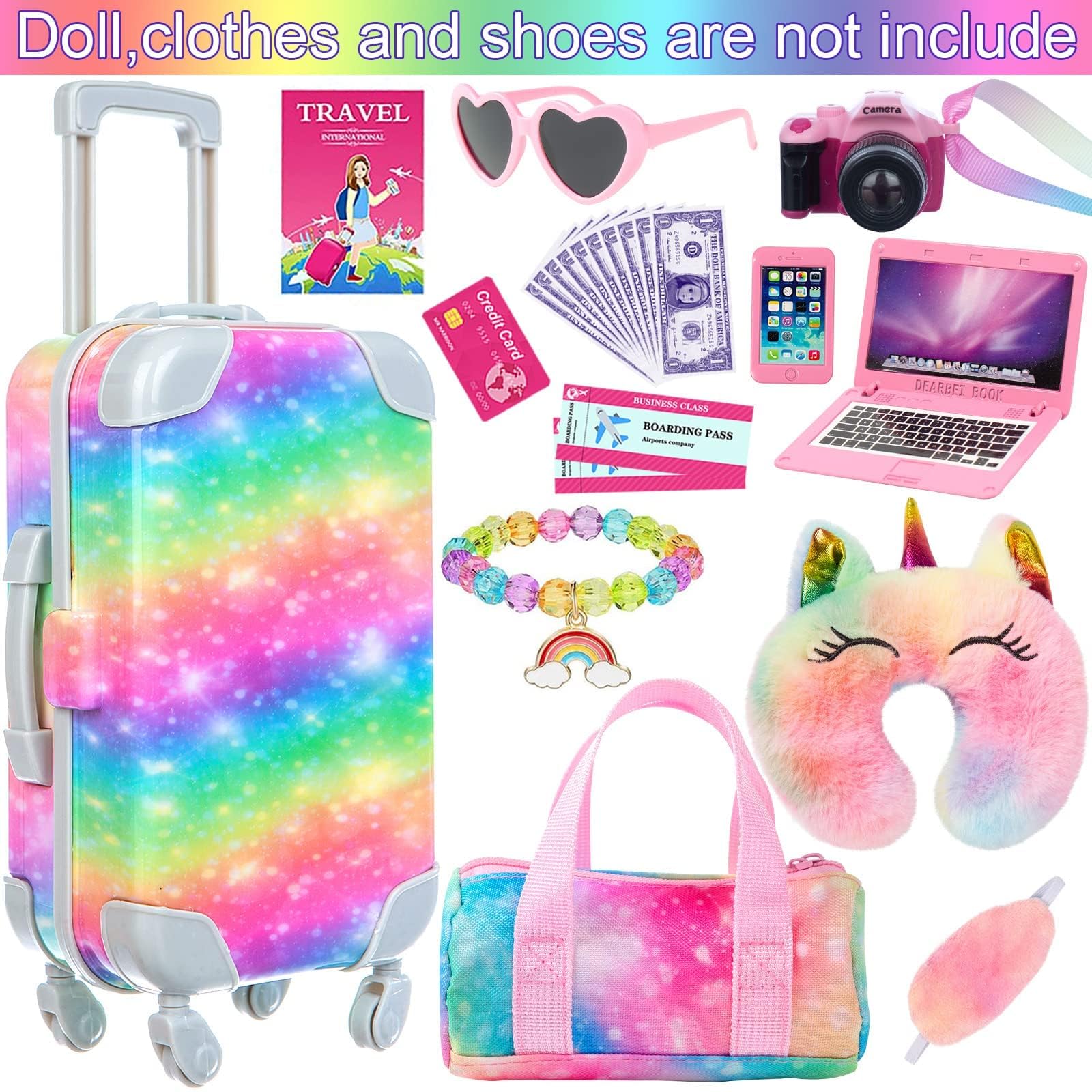 K.T. Fancy 18 Inch American Doll Clothes and Accessories, Doll Travel Suitcase Playset for Girls, Cute Travel Doll Clothes for 18 Inch Girl Doll(Not Include Doll & Shoes), Pink