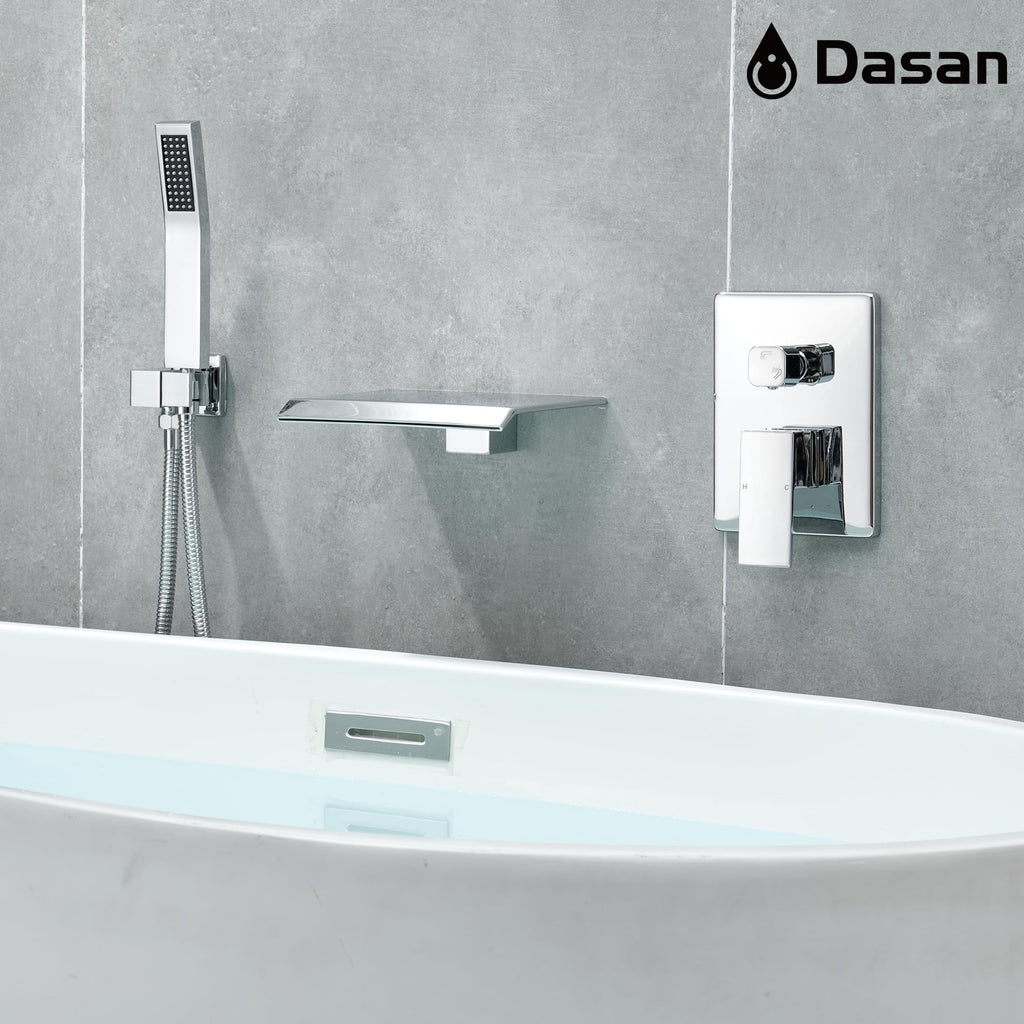 Upgraded Wall Mount Tub Filler Faucet with Handheld Shower, DASAN Modern Wall Mounted Bathtub Faucet Brushed Gold High Flow Waterfall Tub Faucet with Rough in Valve, SA-TF04WH-BG