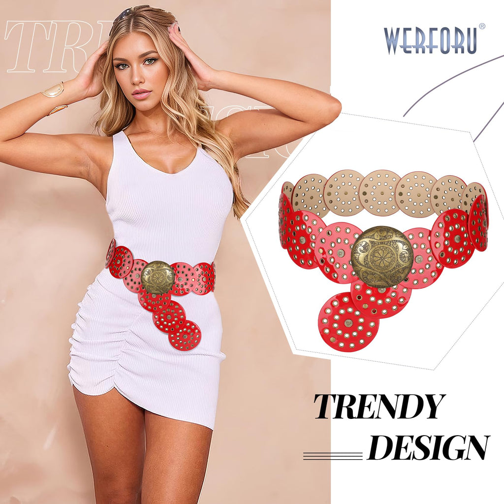 WERFORU Women Vintage Leather Belt Western Disc Waist Belts Ladies Western Belt Boho Belt for Dress Jean-