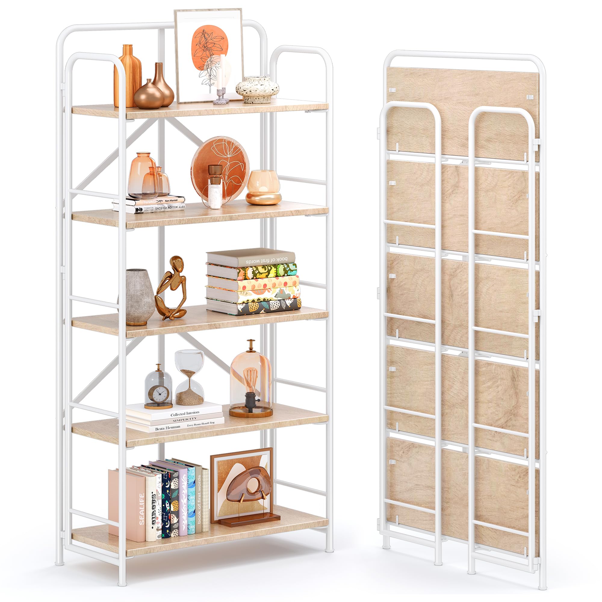 4NM No Assembly Folding Bookshelf, 3 Tiers Collapsible Book Shelves Open Industrial Foldable Storage Bookcase Shelf for Bedroom, Living Room, Home Office - Natural and White