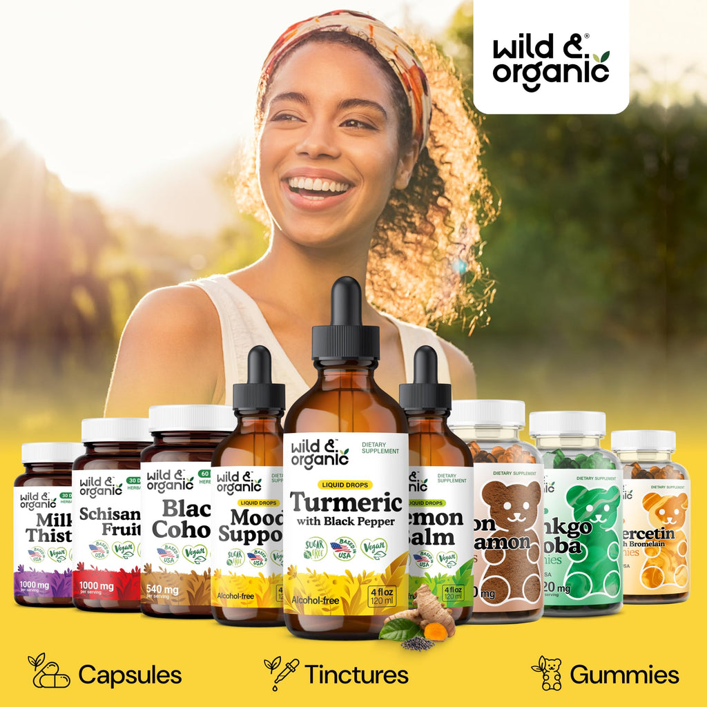 Wild & Organic Turmeric Curcumin Supplement with Black Pepper - Movement & Immune Support - Liquid Turmeric Curcumin with Black Pepper - Add to Tea Drops - Vegan, Sugar & Alcohol-Free Tincture - 2 oz