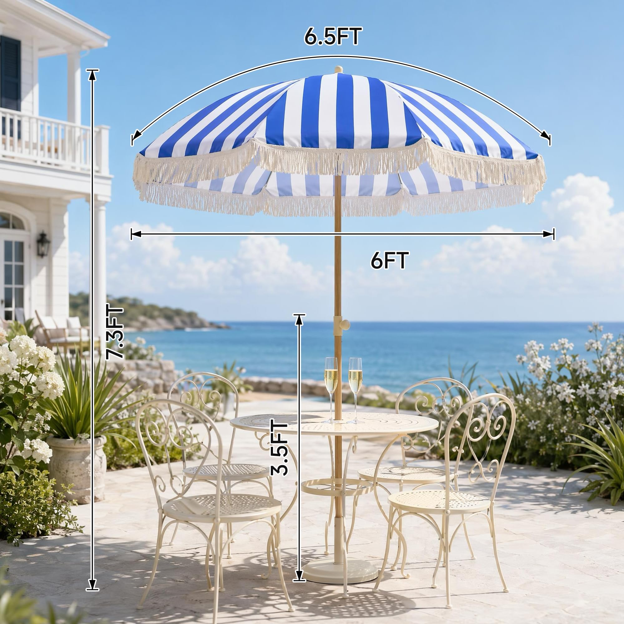 6.5FT Boho Patio Umberlla with Fringe,UPF50+ Outdoor Umbrella with Fiberglass Ribs and Push Button Tilt,Tassels Umbrella for Beach,Terrace,Picnic