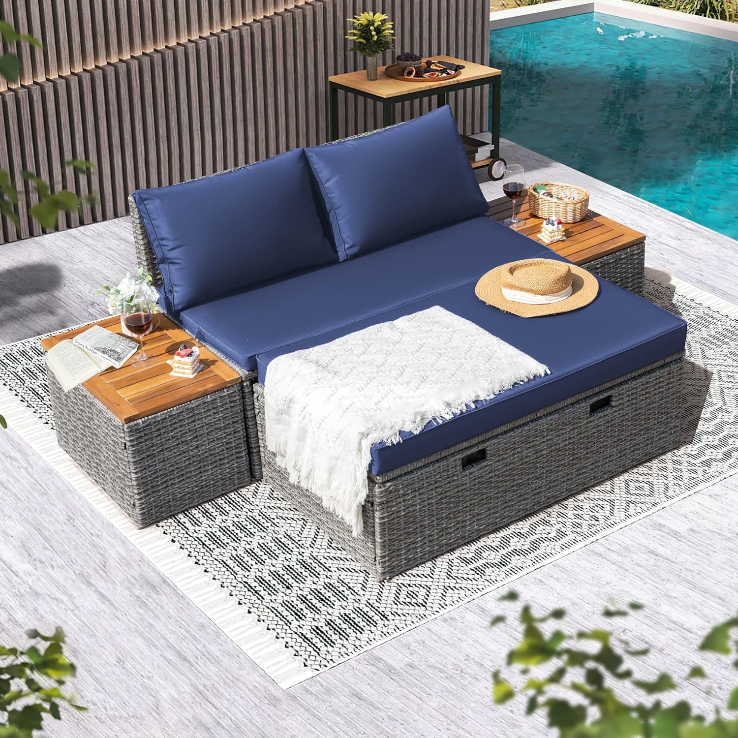 Devoko Outdoor Daybed Set Multifunctional Patio Day Bed Rattan Lounge Bed with 2 Side Tables for Backyard Porch Poolside Lawn Beach (Beige White)