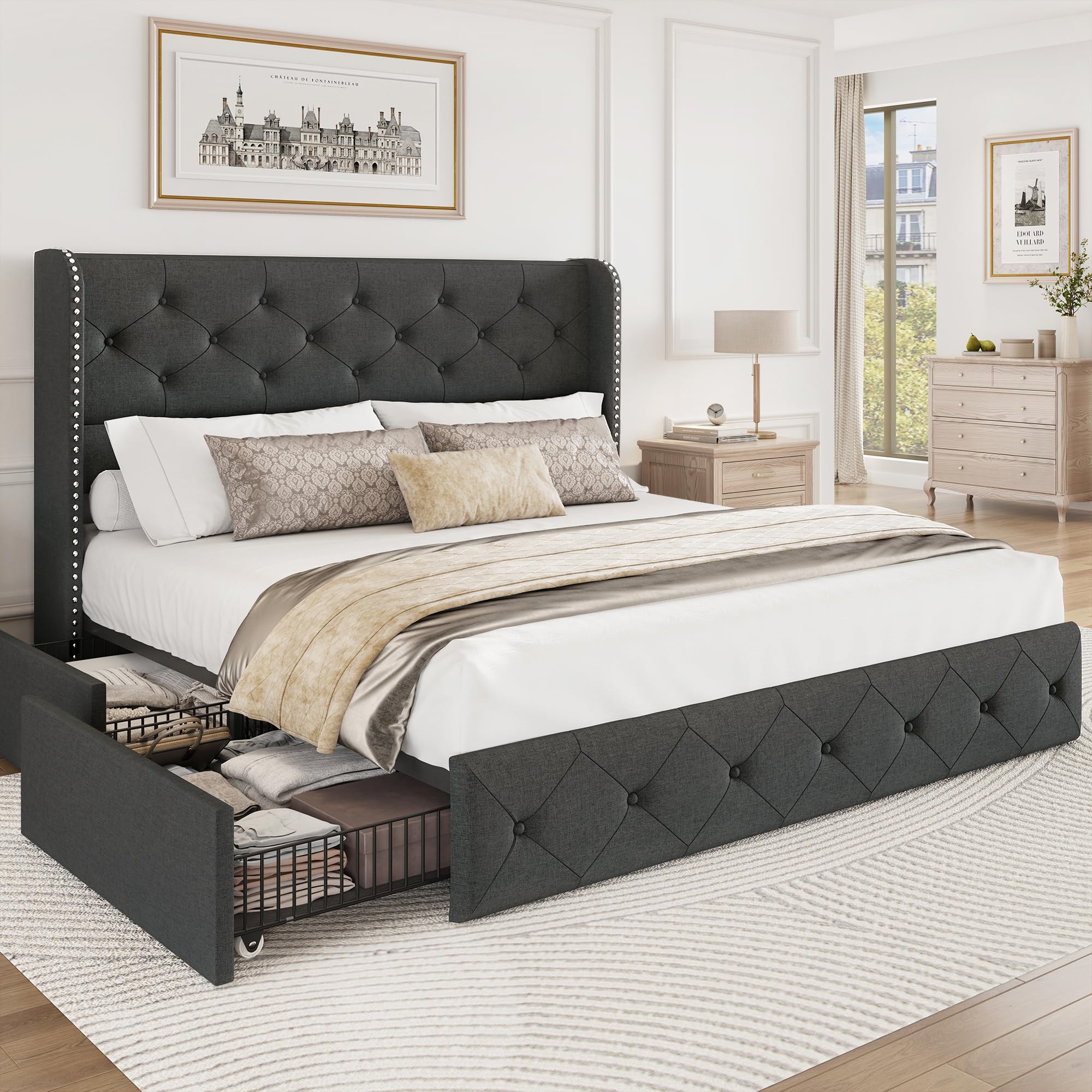 BRELTAM Full Size Bed Frame with Storage Drawers and Wingback Headboard Linen Upholstered Platform Bed Frame Tufted Beds with Heavy Duty Wood Slats, Noise Free, Easy Assembly, Beige