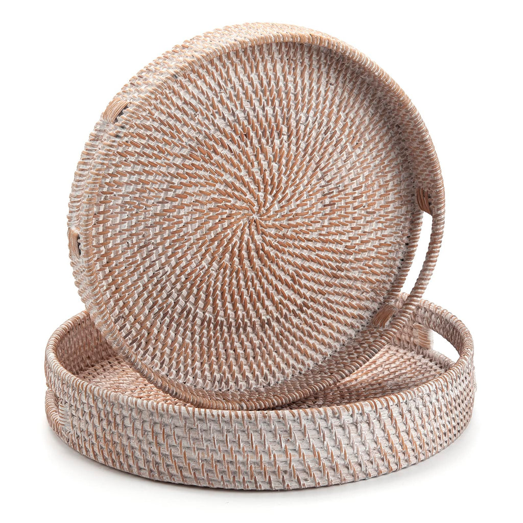 Round Rattan Serving Tray Decorative Woven Ottoman Trays with Handles for Coffee Table Natural (Small 11.8 inch x 2 inch)
