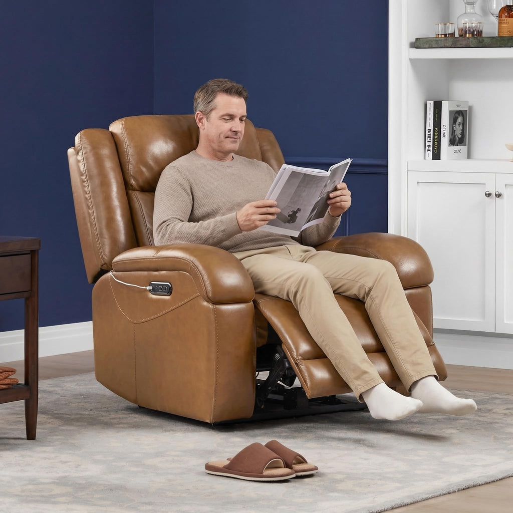 Watson & Whitely Genuine Leather Power Recliner Chairs for Adults, Wall Hugger RV Recliner with Power Headrest & Charging Ports, Electric Recliner Sofa Chair for Living Room, Black