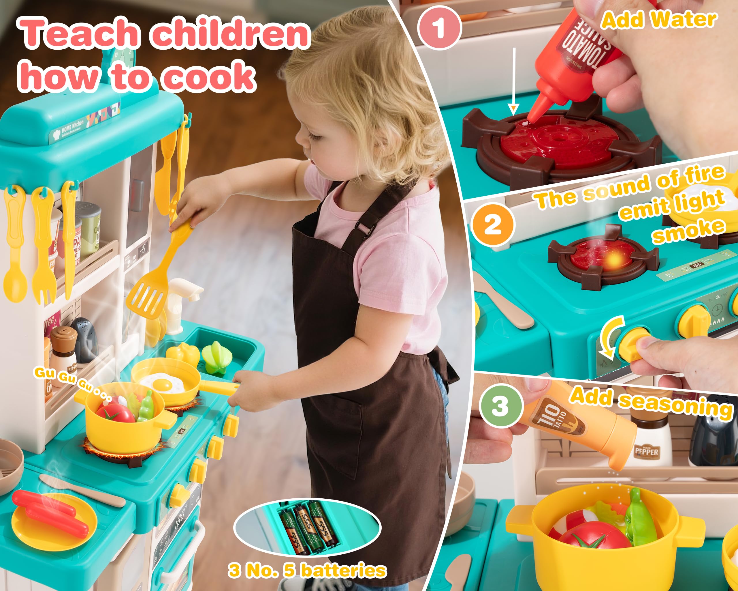 Kids Kitchen Play Set，Interactive Kids Kitchen Play Set with 50Pcs of Pretend Kitchen Toys，Realistic Sound Effects，and Simulated Functionality - Suitable for Toddlers Aged 3-5 Years (Green)