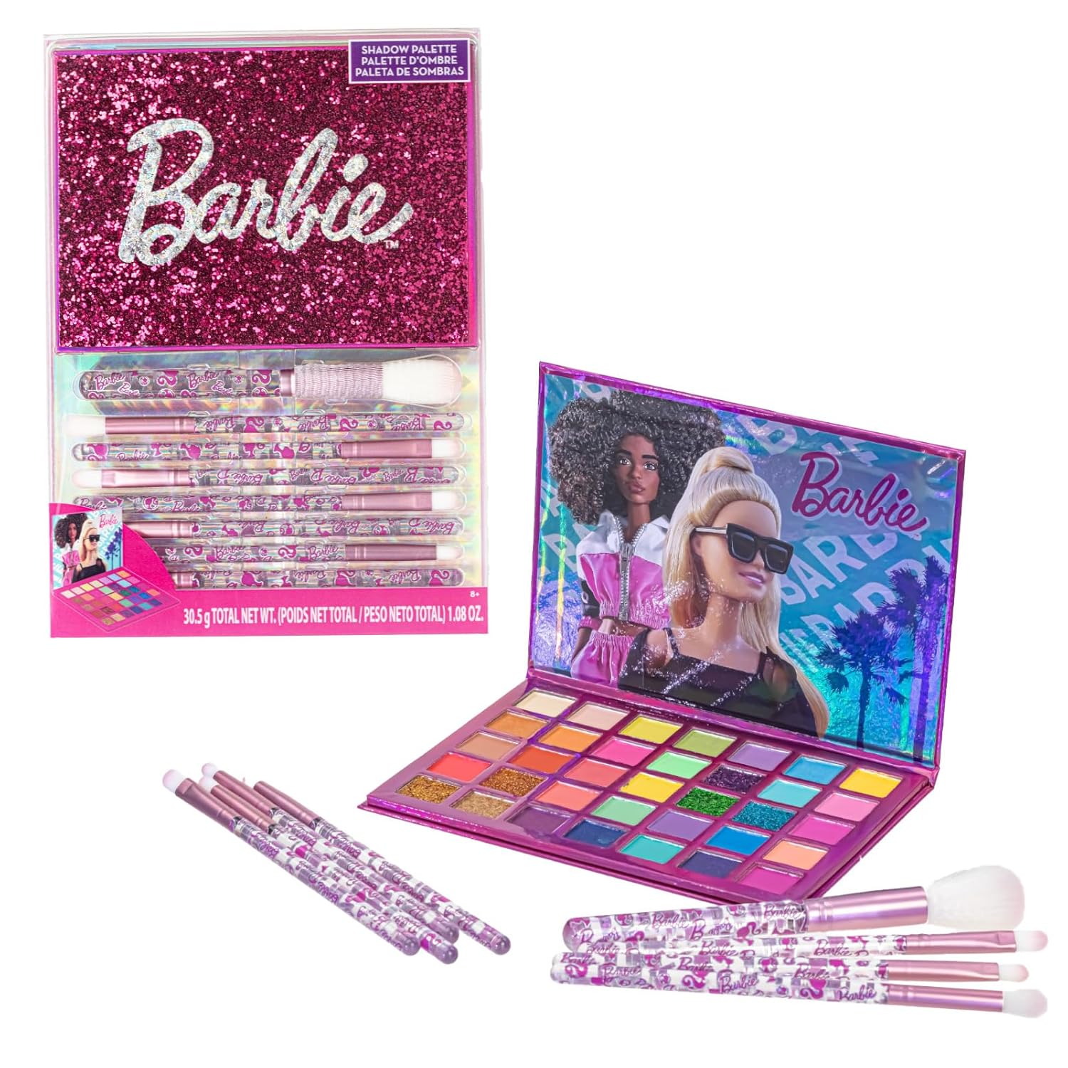 Barbie 35 Well Shadow Palette, Shimmery and Opaque Colors, Pigmented Blendable, 8 Application Brushes Ages 8+, by Townley Girl