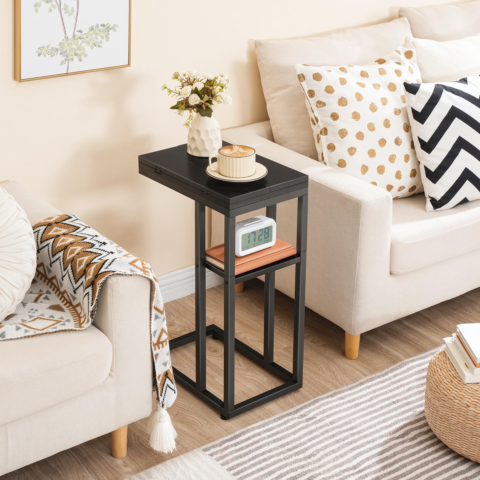 HOOBRO Foldable C Shaped End Table, C Shaped Side Table with Storage Shelf, Small Snack Table, Slide Under Couch Table for Sofa, Living Room Bedroom Small Spaces Easy Assembly, Black BK29SF01