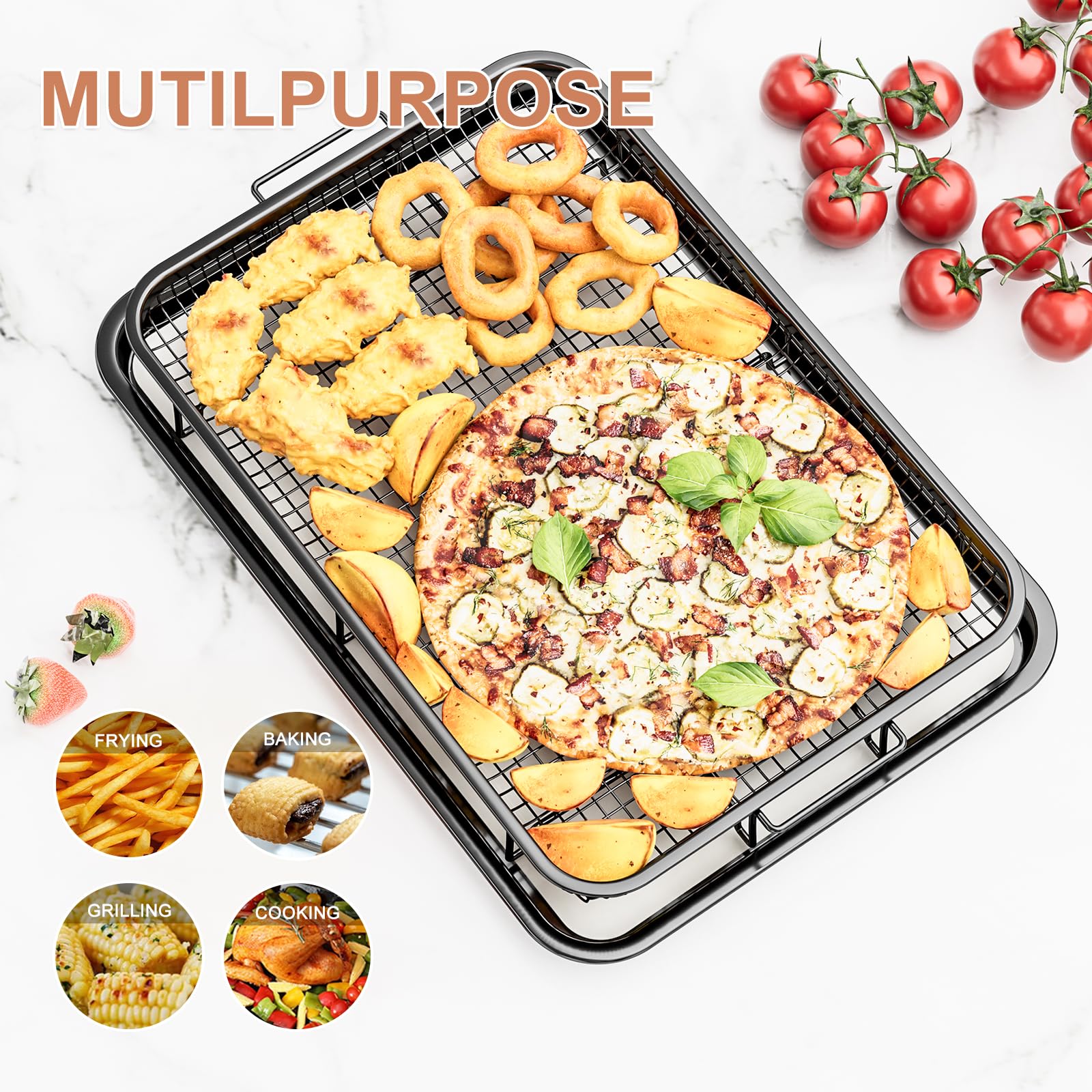 Air Fryer Basket for Oven, Large14.88"×10.98"Air Fryer Pans for Convection Oven with 30 Sheet Parchment Papers, THORSES Non-Stick Stainless Steel Air Fryer Basket and Tray for Multi Cooking - Black