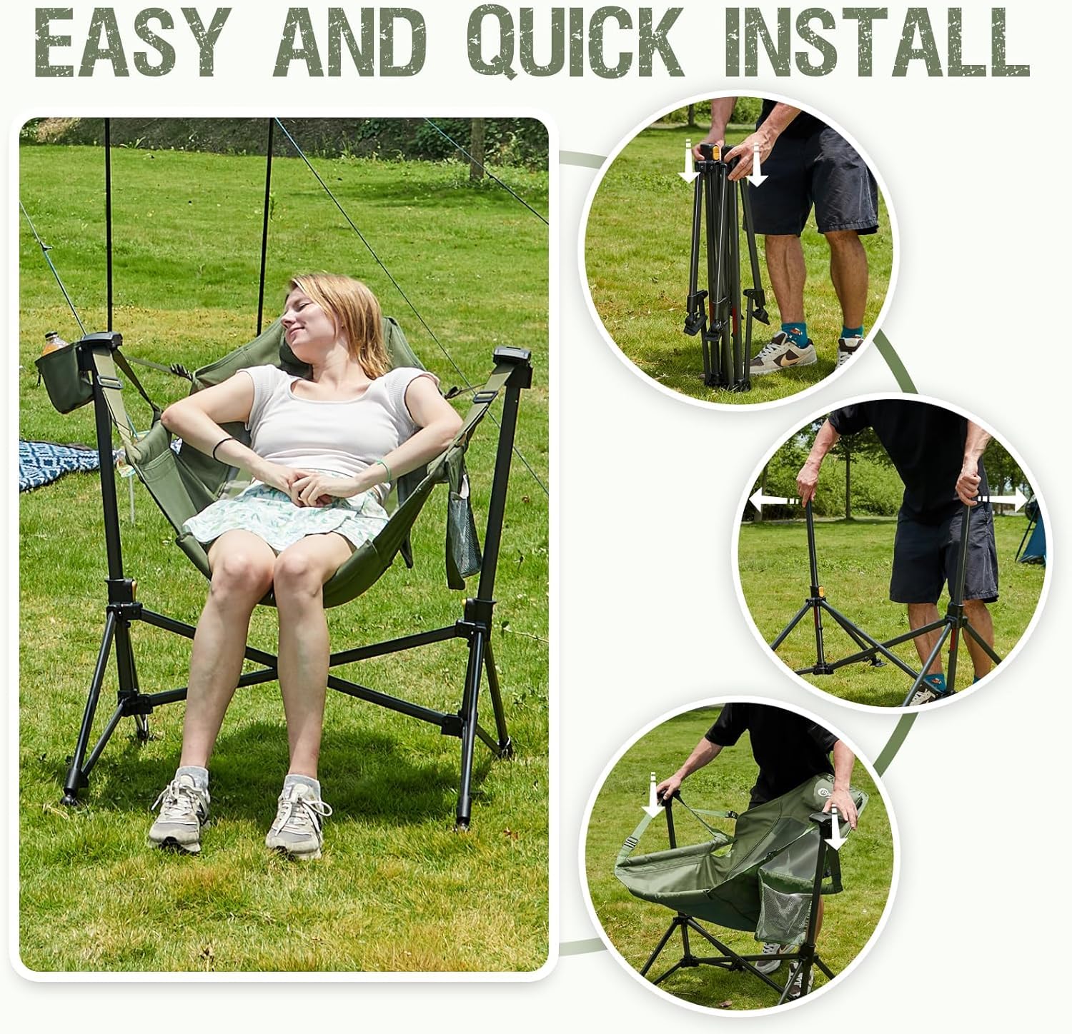 Portal Hammock Camping Chair, Portable Outdoor Swinging Chairs with Adjustable Back and Height for Lawn, Backyard, Patio, Supports 400 lbs, Breathable Mesh High Back, Blue