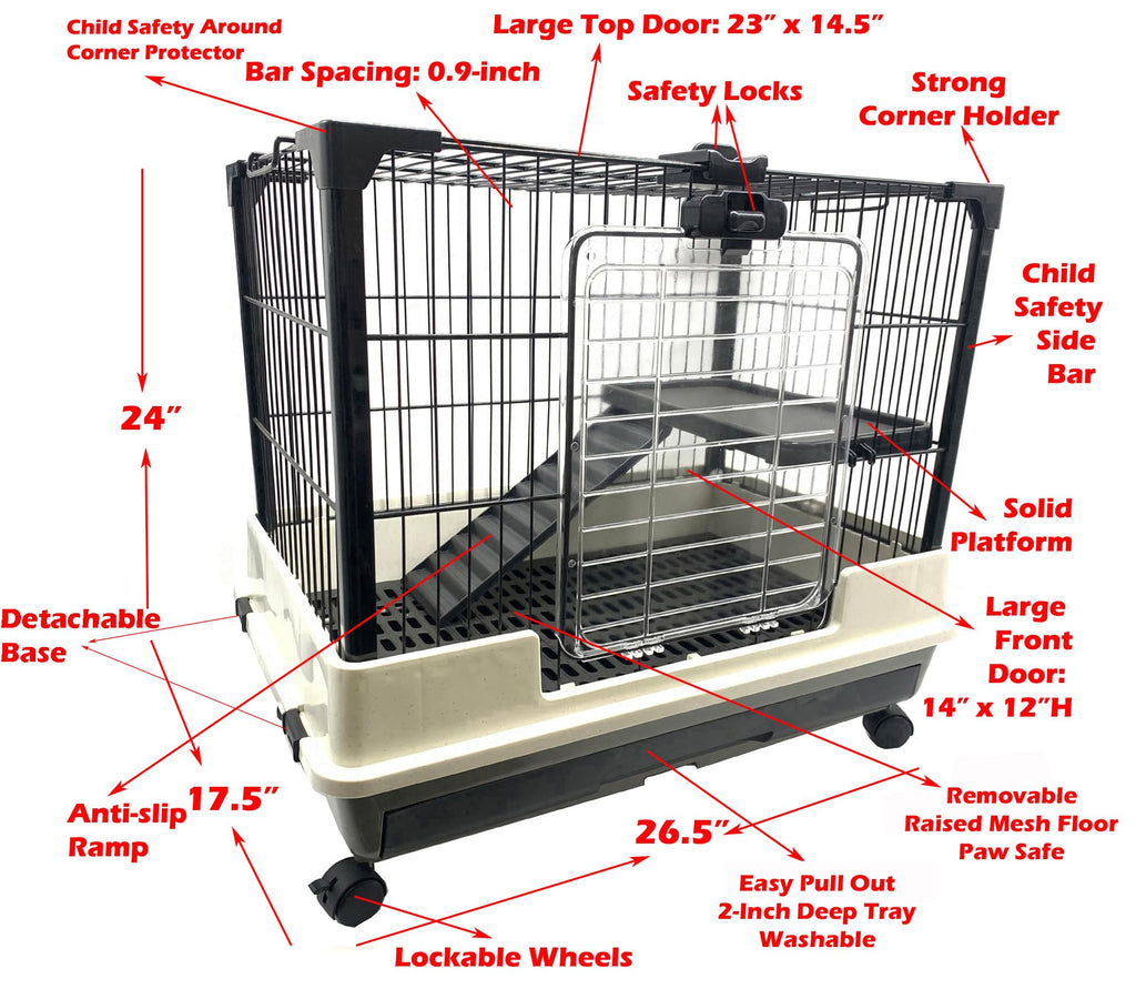 Deluxe 2-Level in/Outdoor Rabbit Hutch Cage for Ferret Squirrel Chinchilla Paw Safe Solid Platform Ramp Mesh Floor Pull Out Leakproof Easy Clean 2-Inch Deep Tray Large Access Doors Lockable Casters