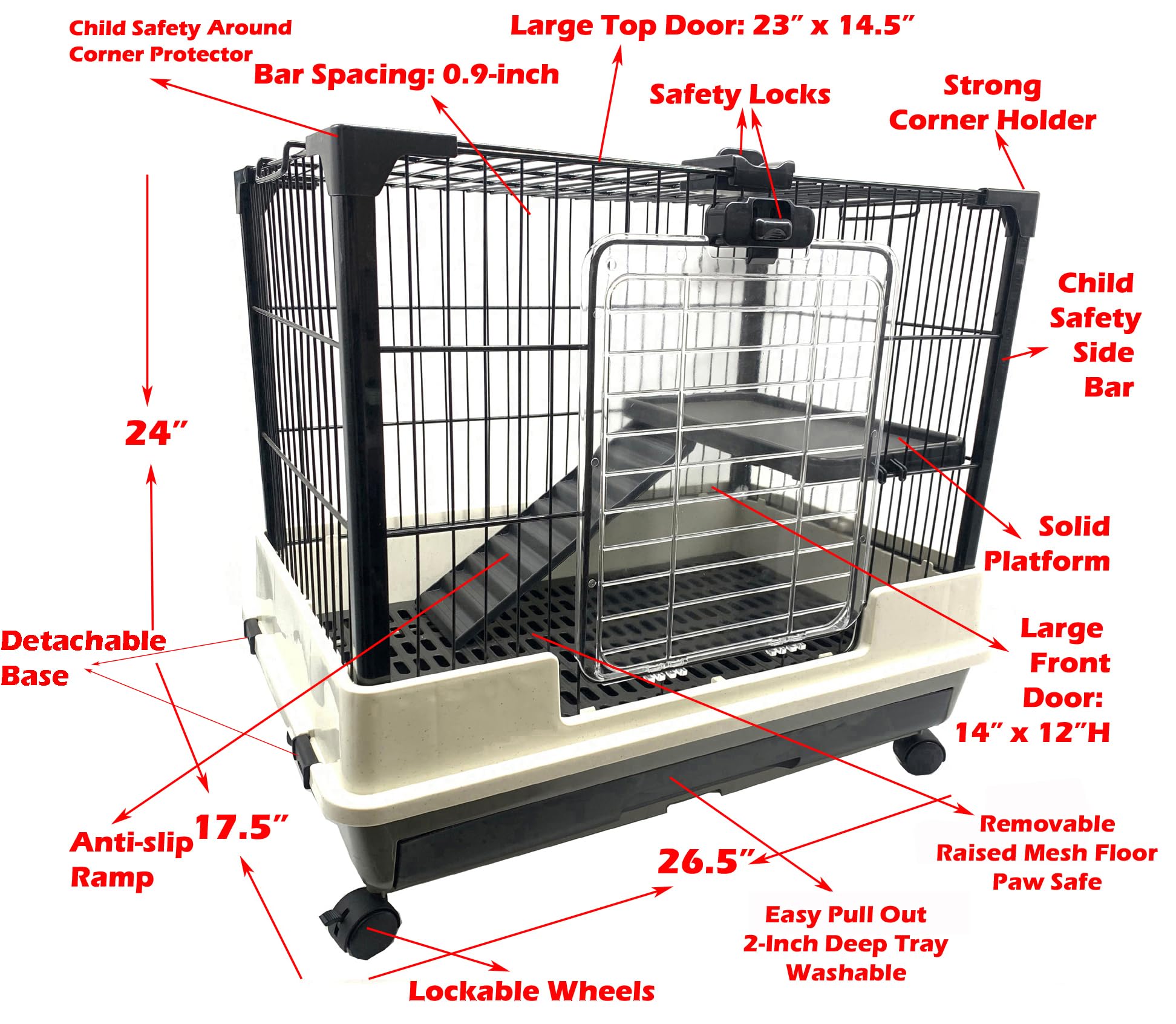 Deluxe 2-Level in/Outdoor Rabbit Hutch Cage for Ferret Squirrel Chinchilla Paw Safe Solid Platform Ramp Mesh Floor Pull Out Leakproof Easy Clean 2-Inch Deep Tray Large Access Doors Lockable Casters