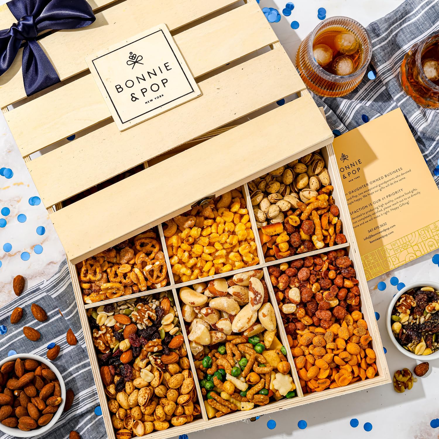 Nut Gift Basket, in Reusable Wooden Crate, Healthy Fathers Day Gift Option, Gourmet Snack Food Box, with Unique Flavors, Great for Feel Better, Sympathy & Birthday- Bonnie & Pop