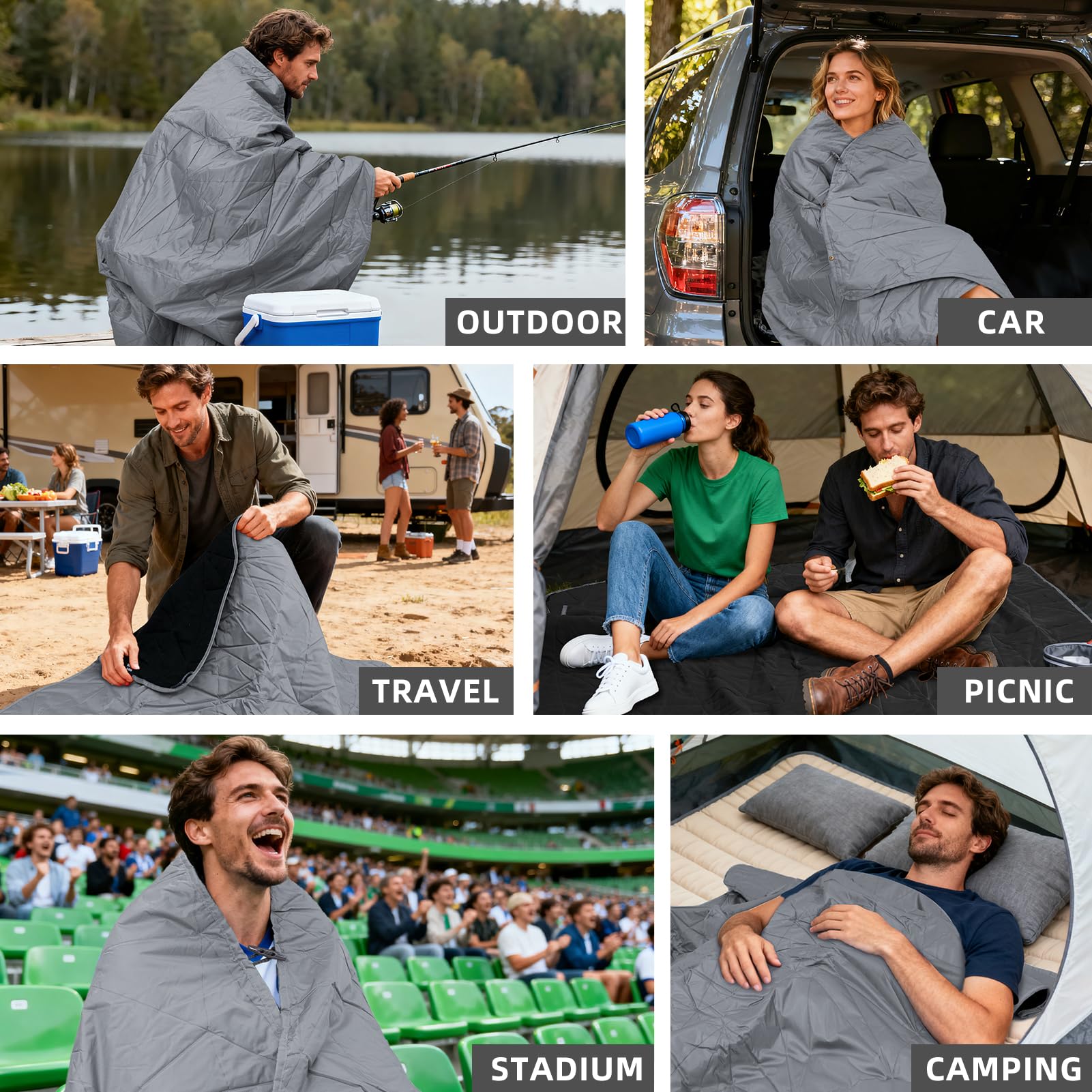 Large Outdoor Waterproof Blanket Extra Thick Fleece Stadium Blanket for Camping, Car, Pet, Picnics - Windproof, Wearable, Machine Washable 80" x 58" (Black Check)