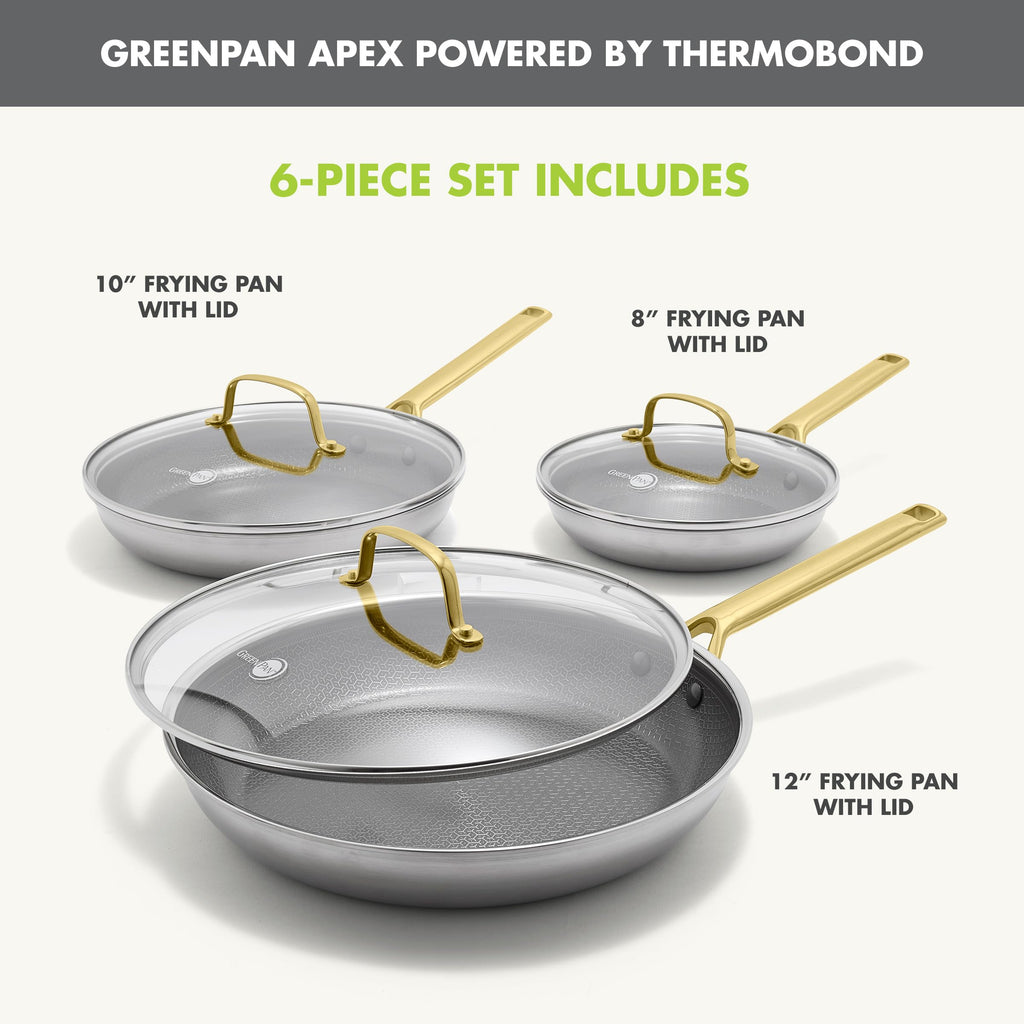 GreenPan Hybrid 9.5” & 11” Nonstick Stainless Steel Frying Pan Set, APEX Tri-Ply Thermobond PFAS-Free Ceramic Skillets, Induction & All Cooktop Compatible, Oven Temp to 850°F, Dishwasher Safe, Gold