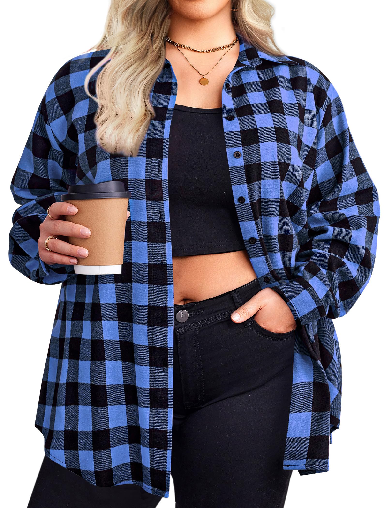 Zeagoo Womens Plus Size Flannel Shirts Plaid Shirts Long Sleeves Casual Button Down Collared Shacket Tops
