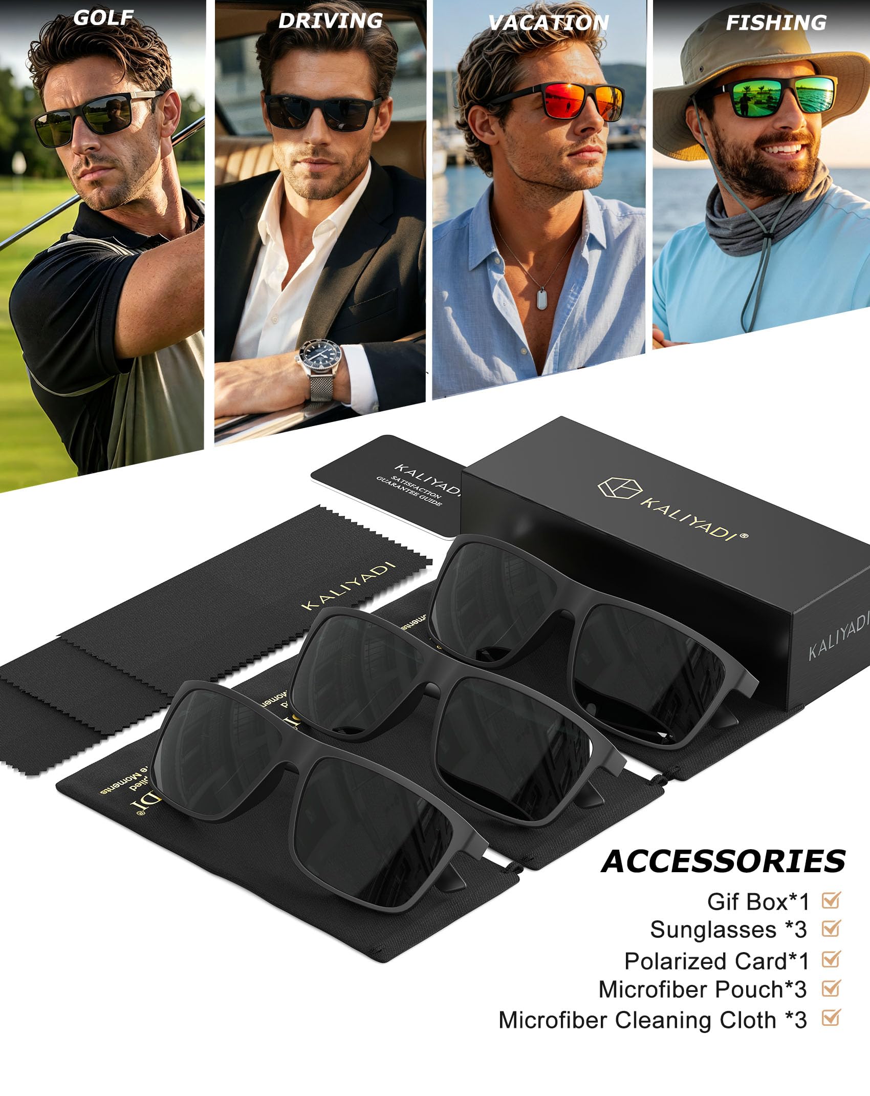 KALIYADI Polarized Sunglasses for Men and Women, Mens Sun Glasses with UV Protection for Driving Fishing Golf (3 Packs)
