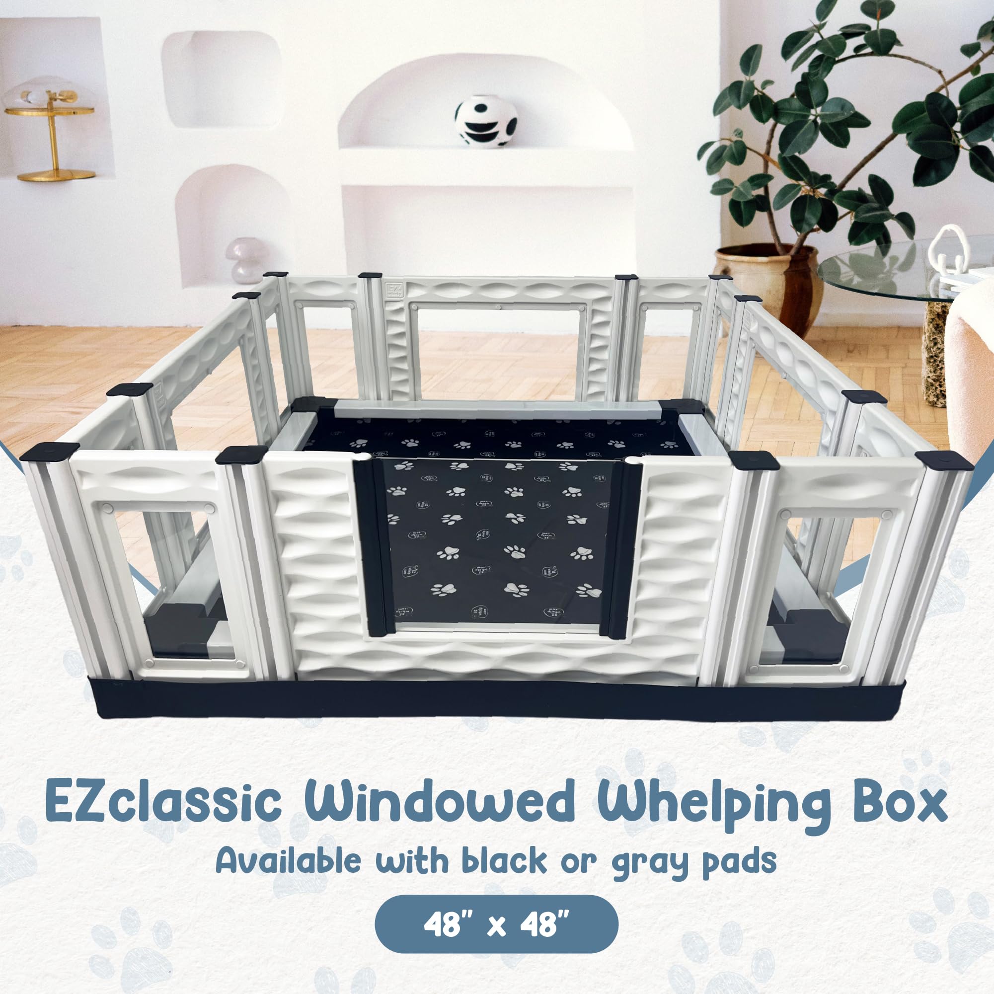 EZwhelp EZclassic Windowed 48"x48"x18" Whelping Box with Rails and Windowed Walls, Padded Dog Whelping Box, Black Pad