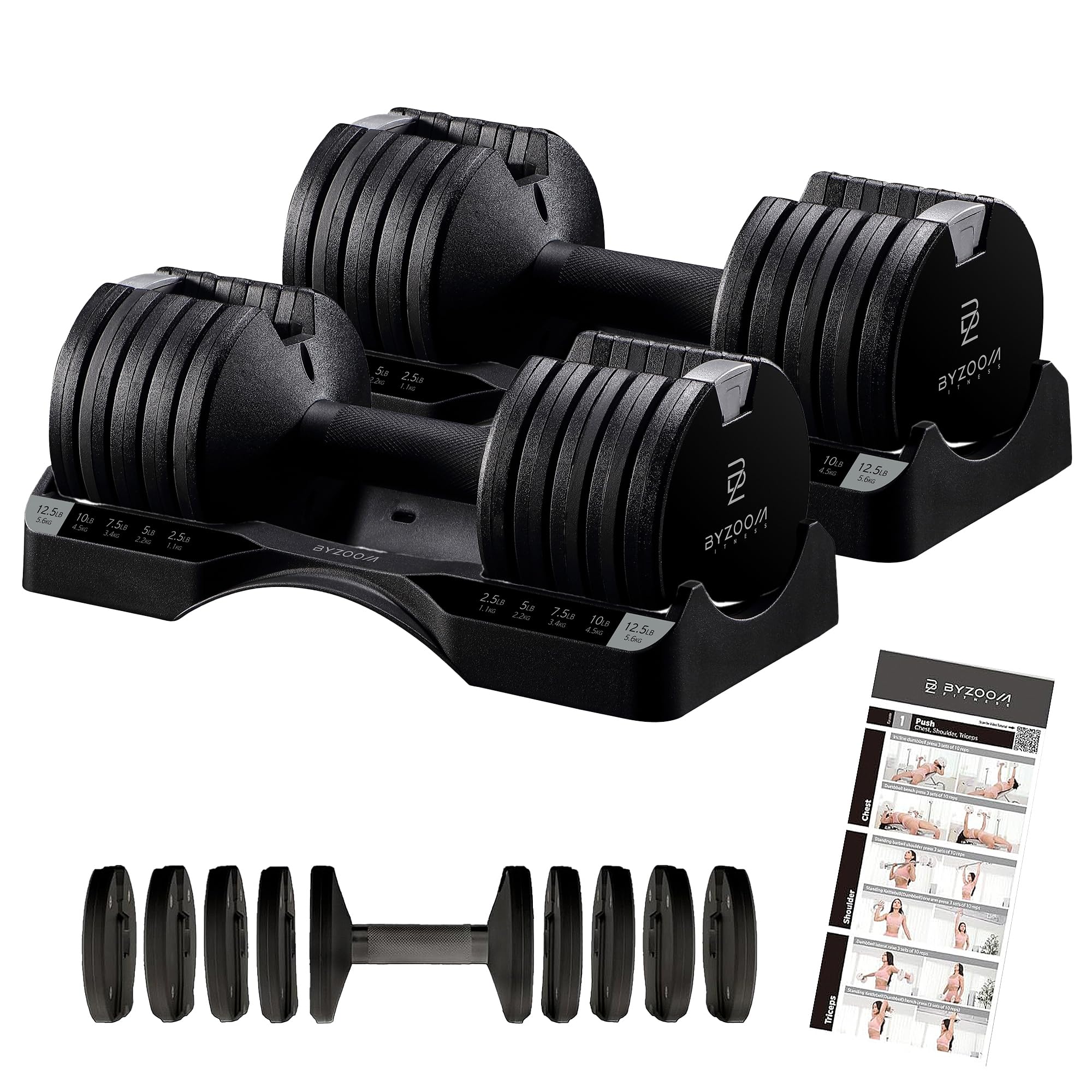 BYZOOM FITNESS Pure Series Adjustable Dumbbell - 12.5/25/27.5/50/55/75lb - ONE UNIT OR PAIR(check QTY before purchase) - 5-in-1/ 10-in-1 / 15-in-1 / 21-in-1 Flexible Hand Weights for Home Apartment Garage Gym, Strength Training & Fitness Workouts, White O