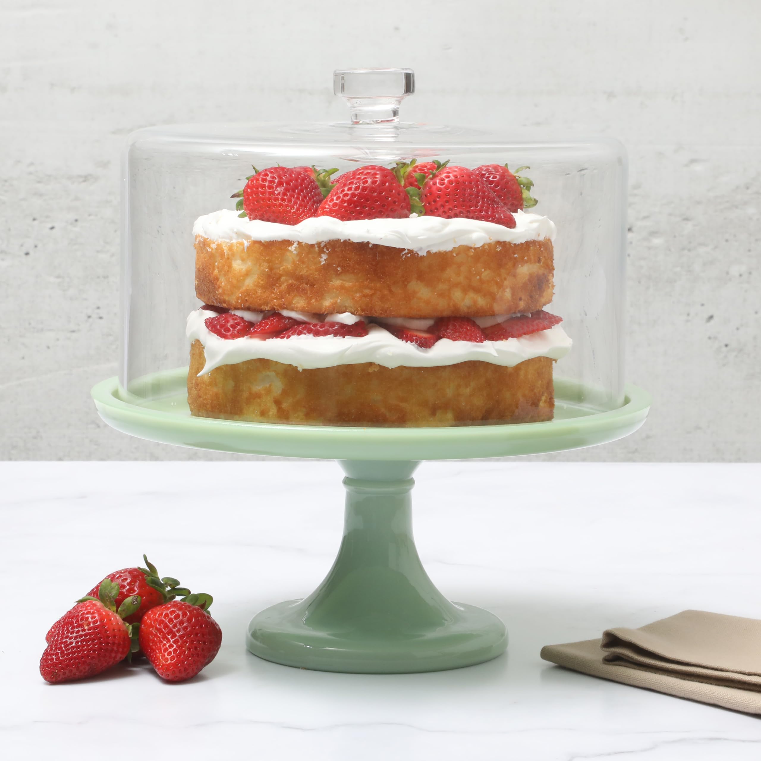 Martha Stewart Watercrest Glass Cake Stand, 10.2 Inch Footed Pedestal Cake Plate with Scalloped Ruffled Edge, Clear Handmade Glassware for Weddings, Parties, and Dessert Display